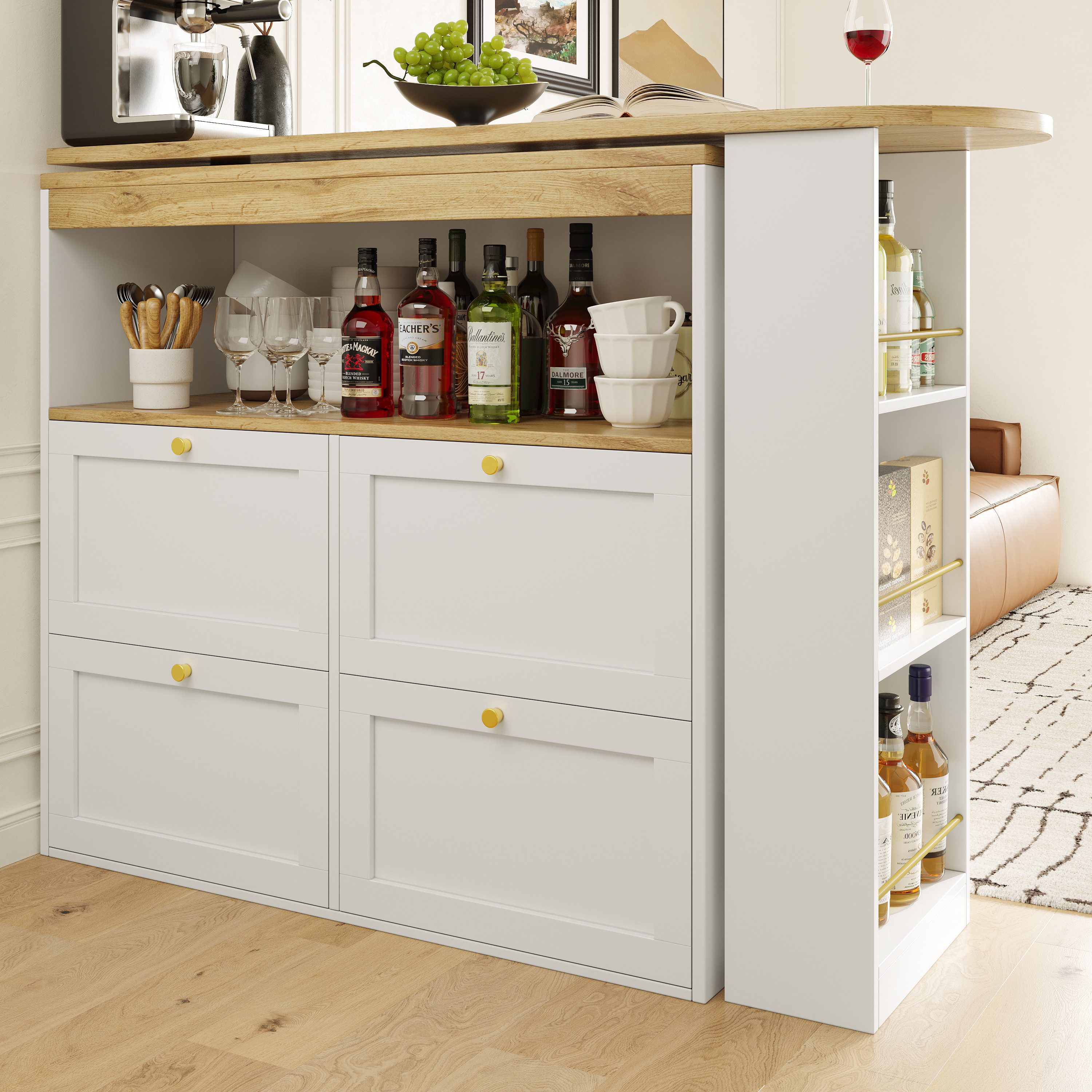 Flieks Bartisch 360° drehbar Stehtisch mit Kommode (Länge 138-204 cm/T39/H104 cm, 2-St., für Esszimmer/Arbeitszimmer/Wohnzimmer), ausziehbar Esstisch mit 4 Schubladen und Ablagen Sideboards Weiß