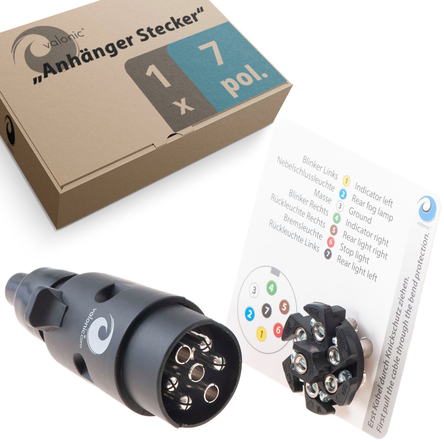 und - 7 valonic Anhänger polig polig, Anhänger-Kabelbaum, Schablone schwarz inkl. Anhänger-Adapter Verkabelungshilfe zu für 7 - Stecker Wohnwagen Premium Anhänger - inkl. valonic