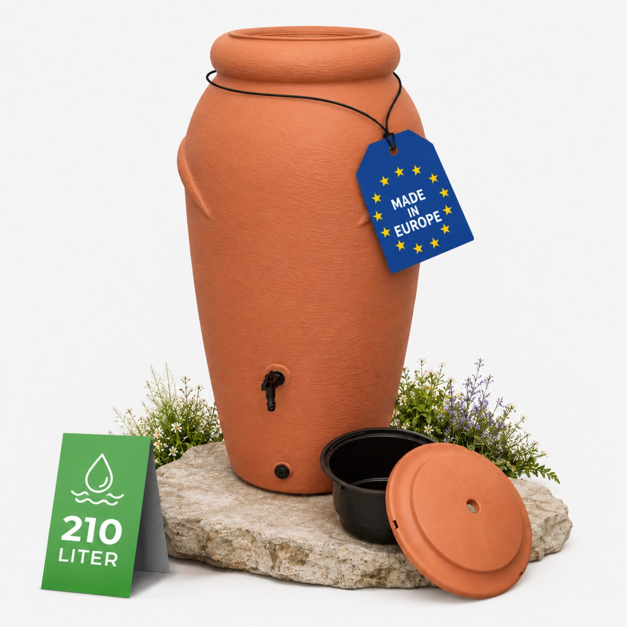 YourCasa Regentonne 210 Liter [Amphore Design] Regenfass aus Kunststoff mit Wasserhahn, Bepflanzbar, 210L, Wasserhahn, Deckel
