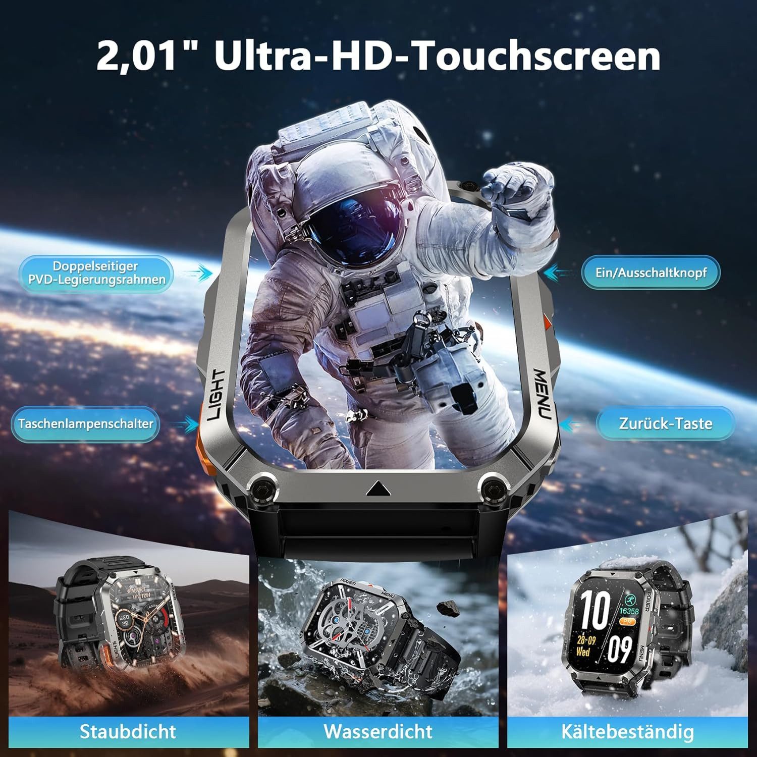 blackview Smartwatch herren mit 2,01" HD-Touchscreen, 900mAh Akku & 2 Armbändern Smartwatch (5.1 cm/2.01 Zoll, iOS/Android) Set, 1-tlg., mit Wechselband aus weichem Silikon und Ladekabel, Anrufe tätigen&empfangen,20 TageAkku,LED-Taschenlampe,Kompass,SOS,IP68