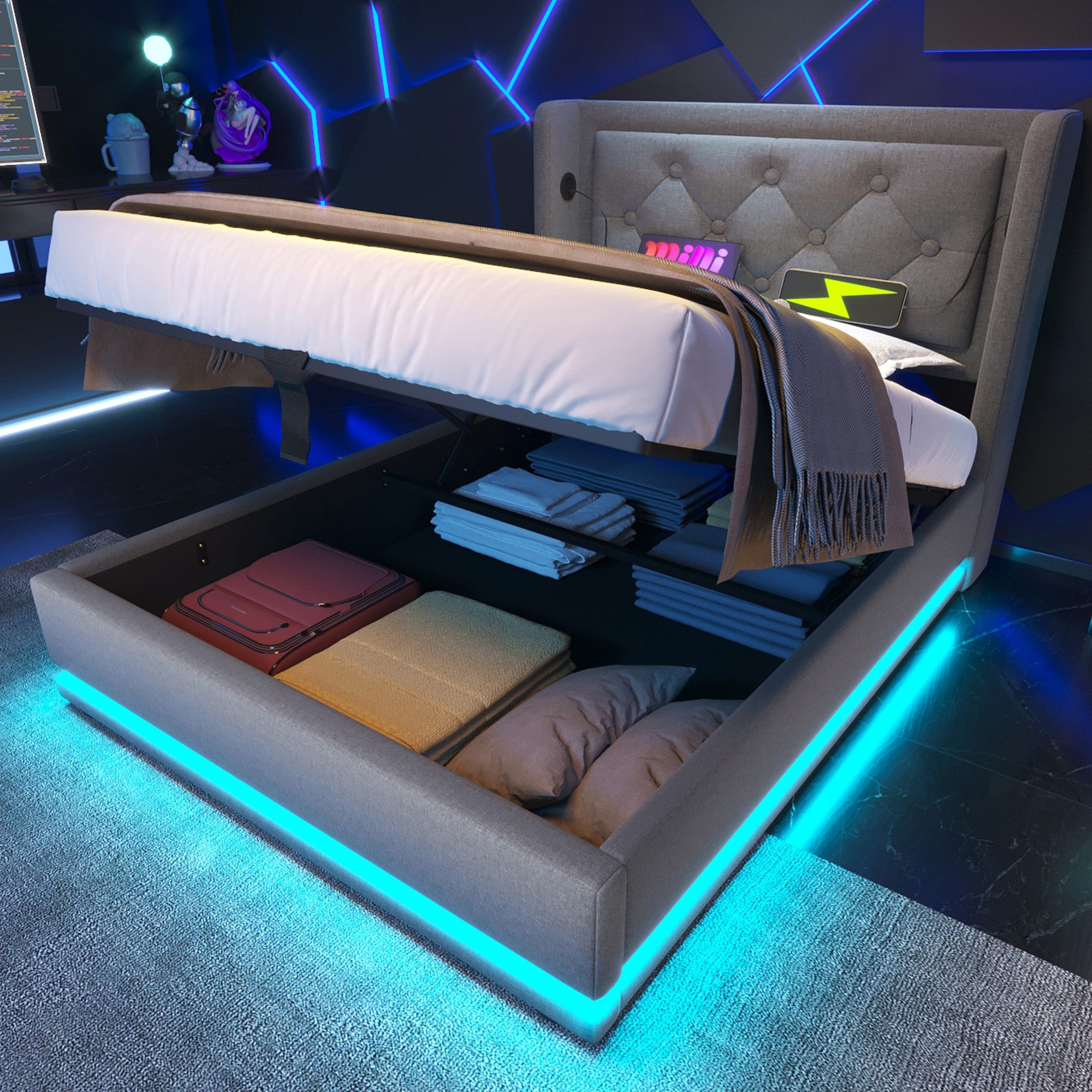 Flieks Polsterbett, LED Hydraulisches Stauraumbett Einzelbett 90x200cm mit günstig online kaufen
