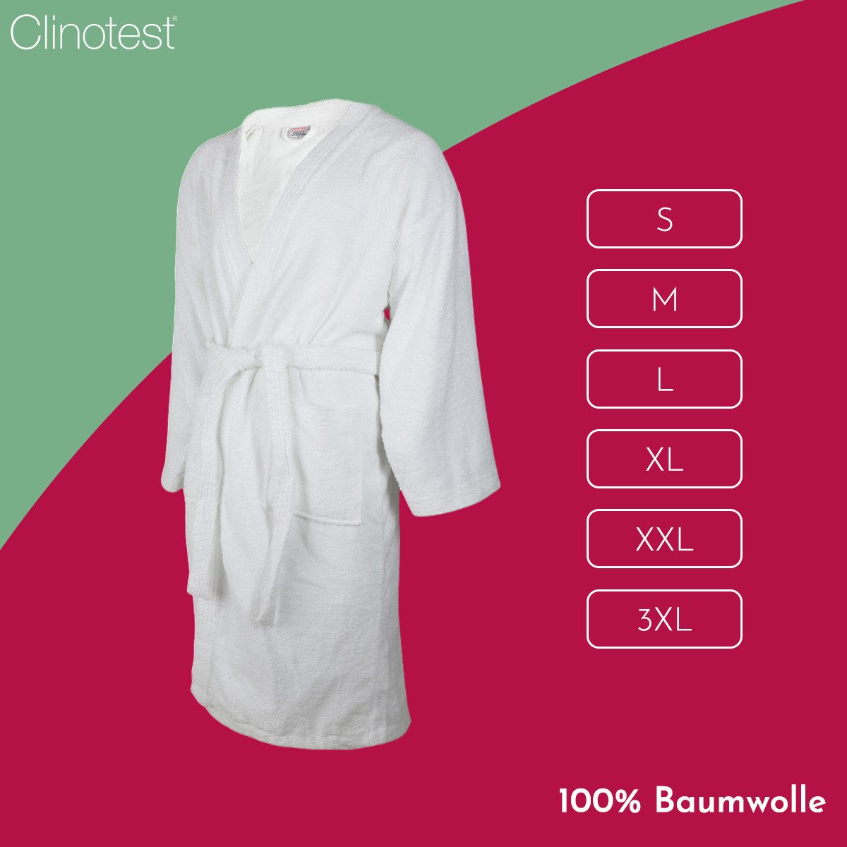 Clinotest Bademantel Frottee Bademantel, Morgenmantel/Saunamantel, weiß, Baumwolle, Kimono-Kragen, 2 aufgesetzte Taschen, Gürtel, kochfest ohne Einlaufen oder Fusseln, Saunamantel ohne Kapuze