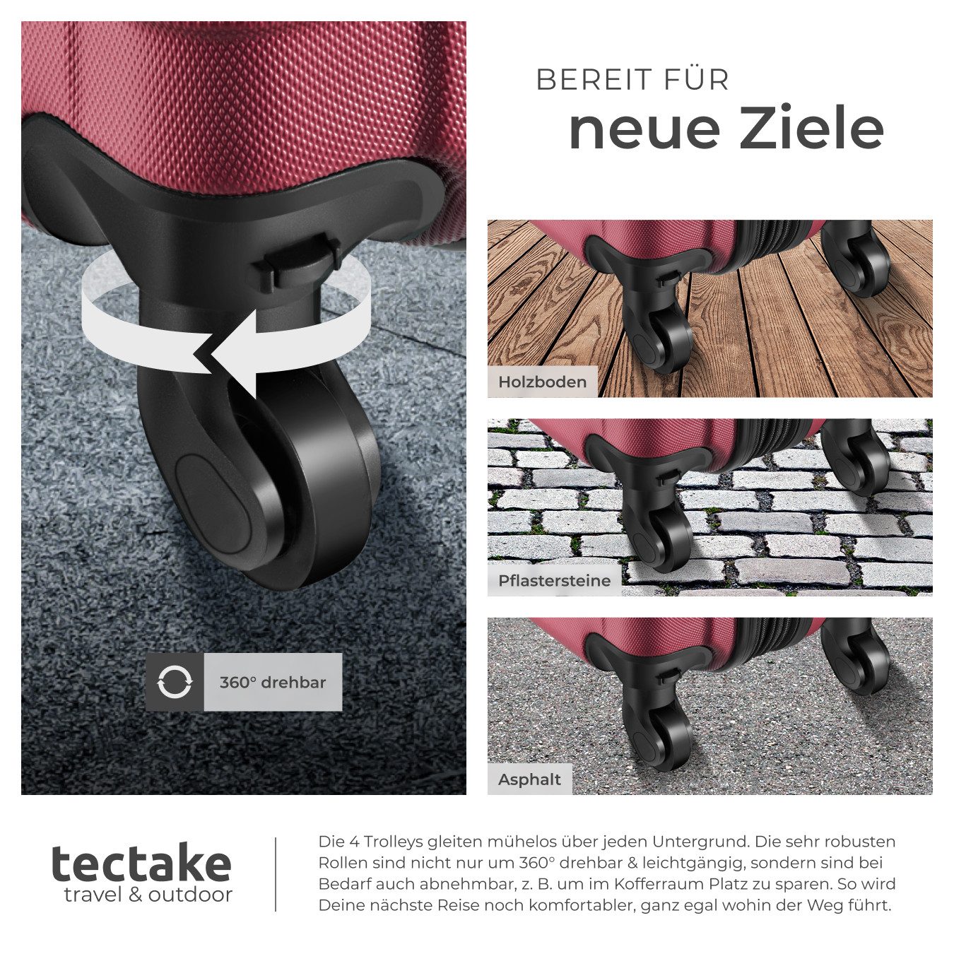 tectake Trolley Hartschalenkoffer-Set aus robustem ABS-Kunststoff mit Teleskopgriff, 4 Rollen, 360° drehbare, abnehmbare Rollen, mit Sicherheits-Zahlenschloss