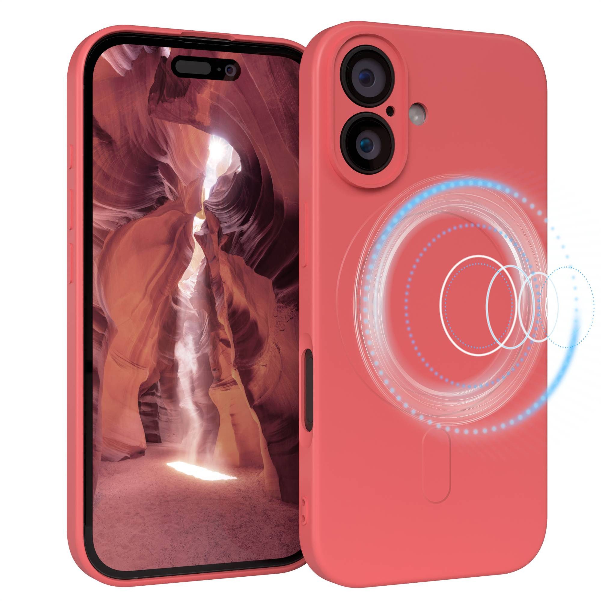 EAZY CASE Handyhülle für Apple iPhone 16 Hülle Silikon 6,1 Zoll, MagSafe Silikonhülle Kameraschutz stoßfest Handyhülle Matt Hellrot