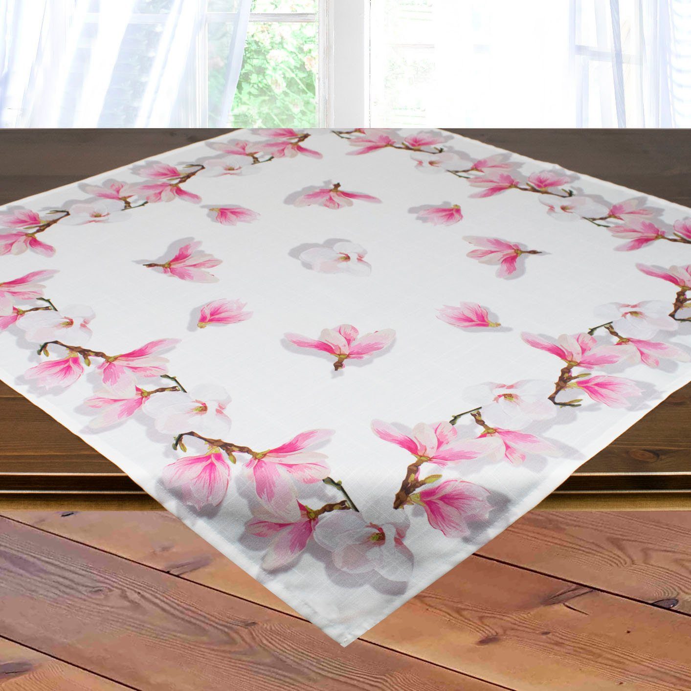 Delindo Lifestyle Mitteldecke Magnolien, Glattes Gewebe, bedruckt