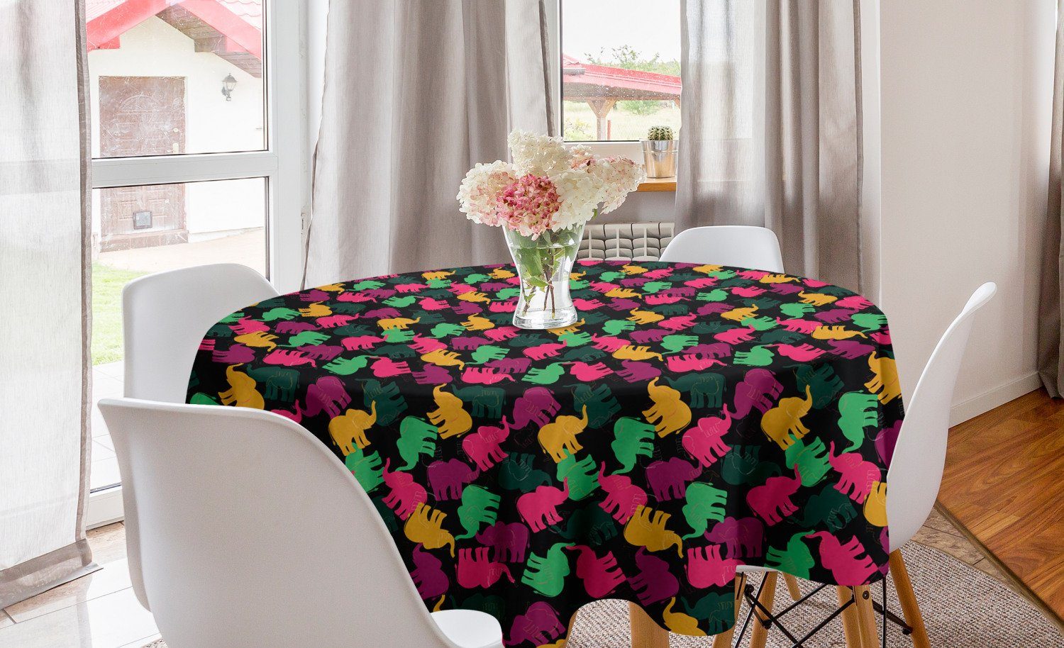Abakuhaus Tischdecke Kreis Tischdecke Abdeckung für Esszimmer Küche Dekoration, Elefant Bunte Silhouette Safari