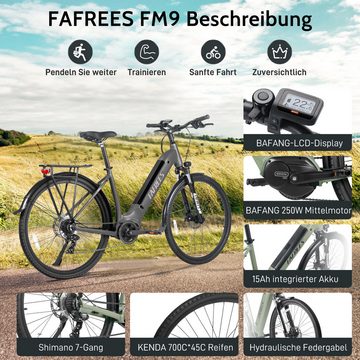 fafrees E-Bike FM9 BAFANG-Mittelmotor mit Drehmomentsensor 250W 36V 15AH 700C*45C, 7 Gang, Mittelmotor, Hydraulische Federgabel, BAFANG LCD-Display, StVZO-konforme