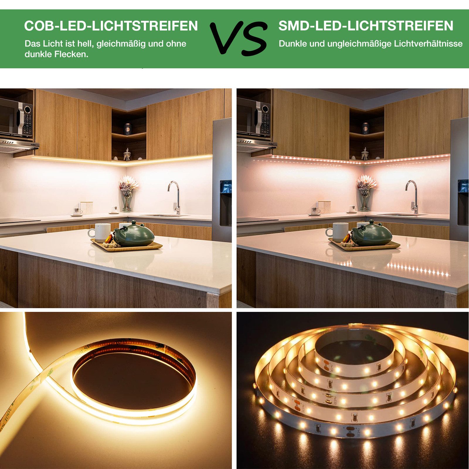 Jibenhome LED Stripe COB-LED-Lichtstreifen 5M 1600 LEDs Lichtleiste, Dimmbar, mit Netzteil, mit Fernbedienung, Kann geschnitten werden