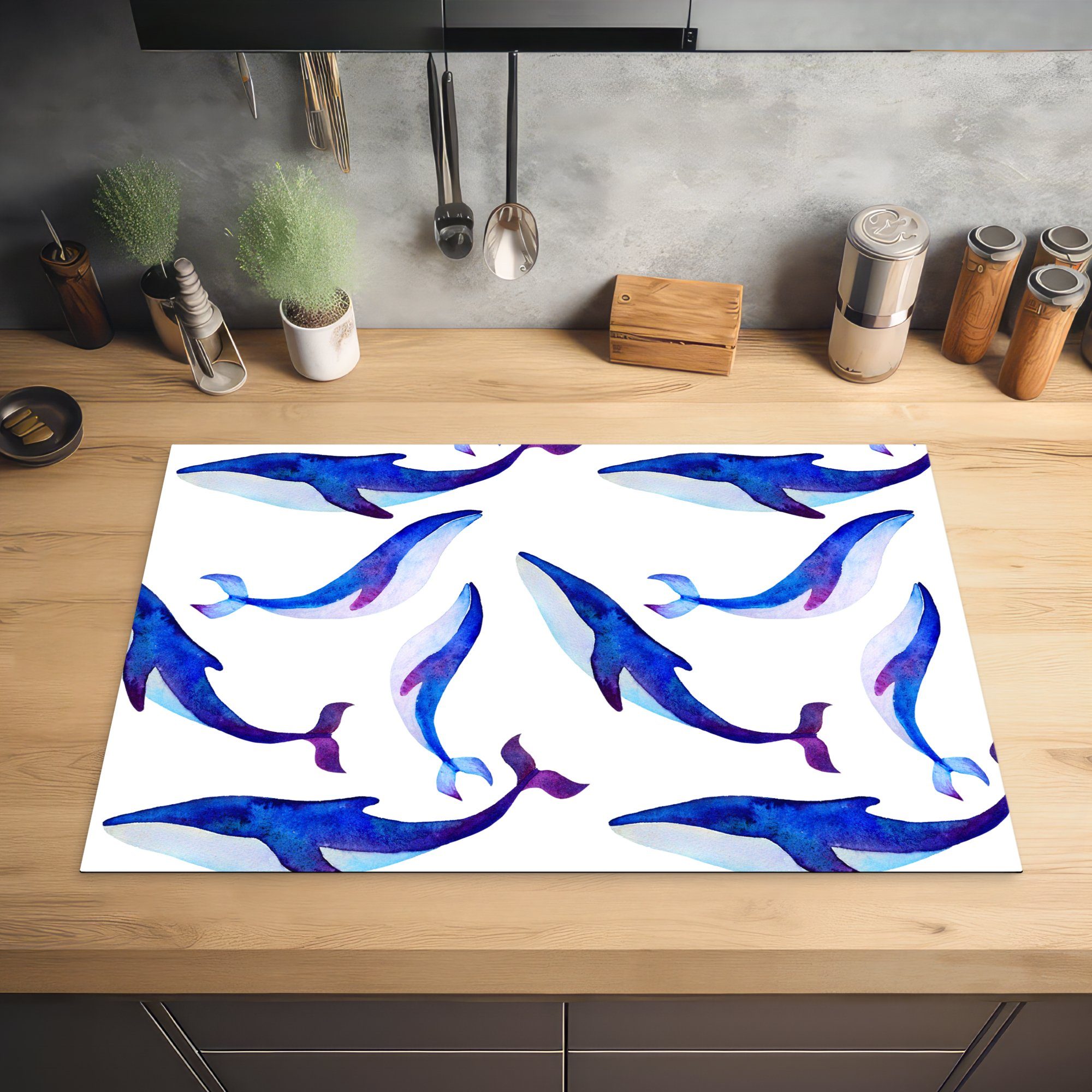 MuchoWow Herdblende-/Abdeckplatte Illustration mit einem einem küche, Vinyl, Schutz blauen für (1 von weißen, Induktionskochfeld tlg), Muster cm, Walen auf Ceranfeldabdeckung die 81x52