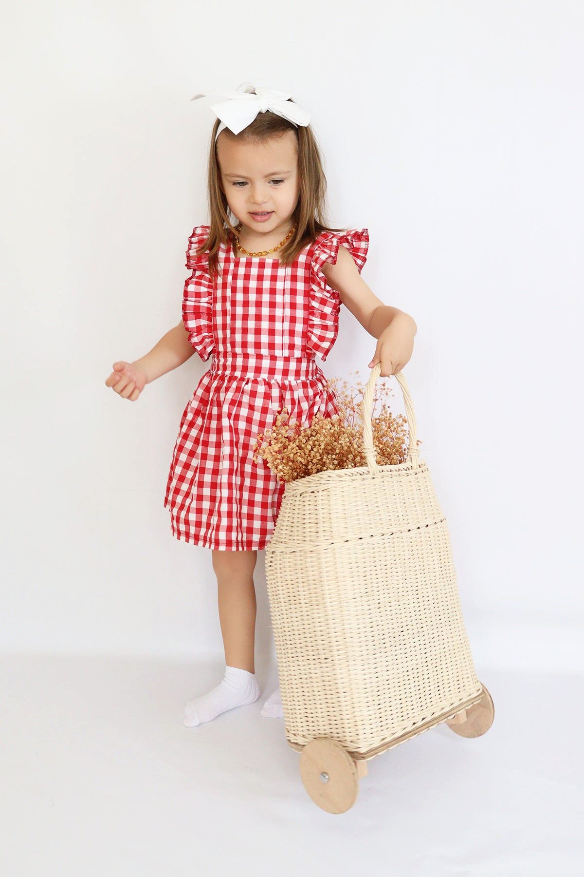 Kleid & Haarband Kleid Violetta - Plaid Muster in rot-weiß, Rüschensaum und Haarband