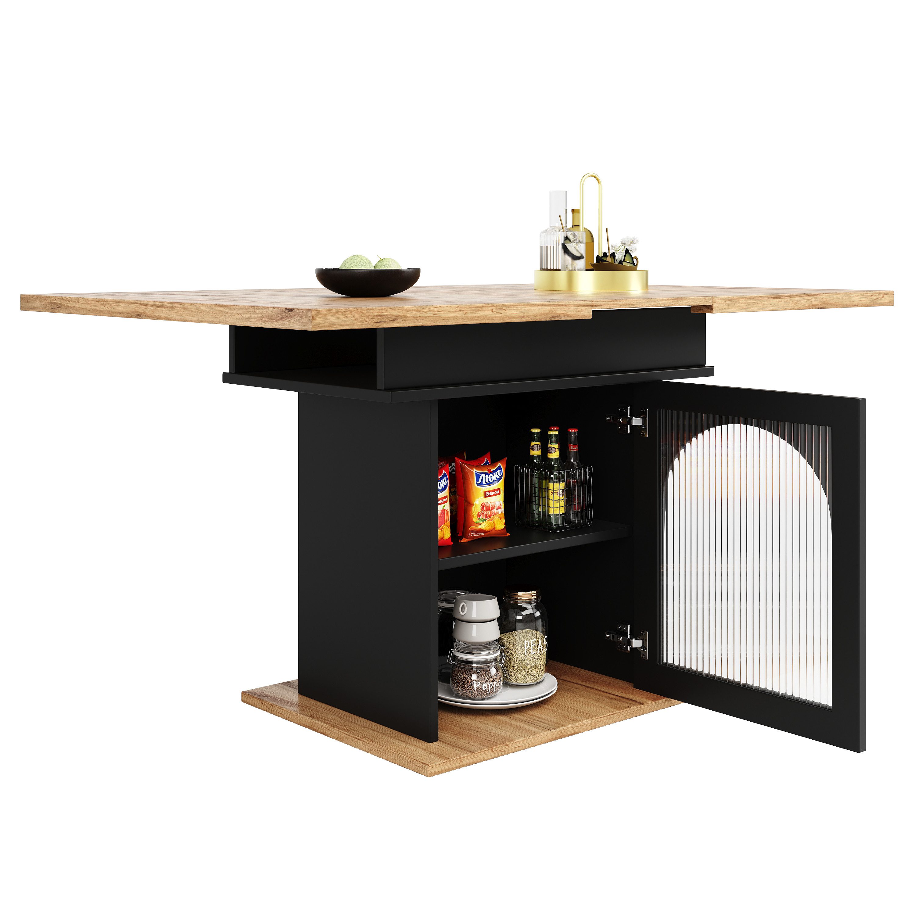 i@home Esstisch Teleskoptisch, Ausziehbarer Esstisch, platzsparender Küchentisch (Bis 60 kg belastbar, für Küche und Wohnzimmer), mit drei Ablageebenen,110-140*80*76cm, Schwarz