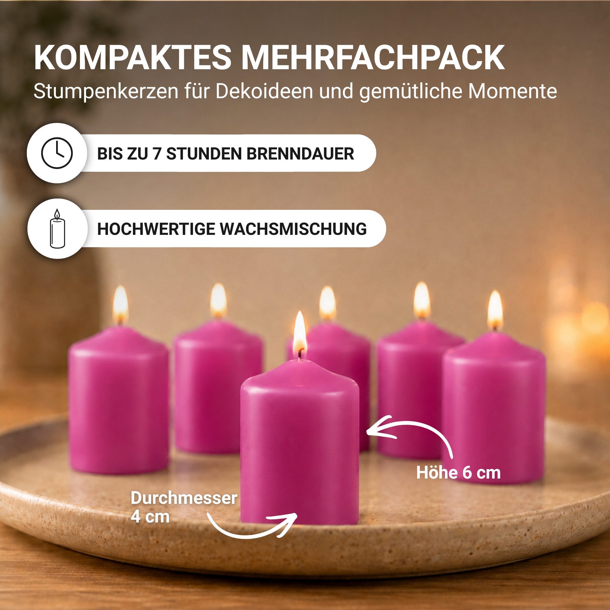 HS Candle Stumpenkerze Set kompakt und unparfümiert, Ø4cm x H6 cm (12-tlg., Dekolicht), bis zu 7h Brenndauer je Kerze, Wachsmischung, Made in EU – Bild 2 von 5