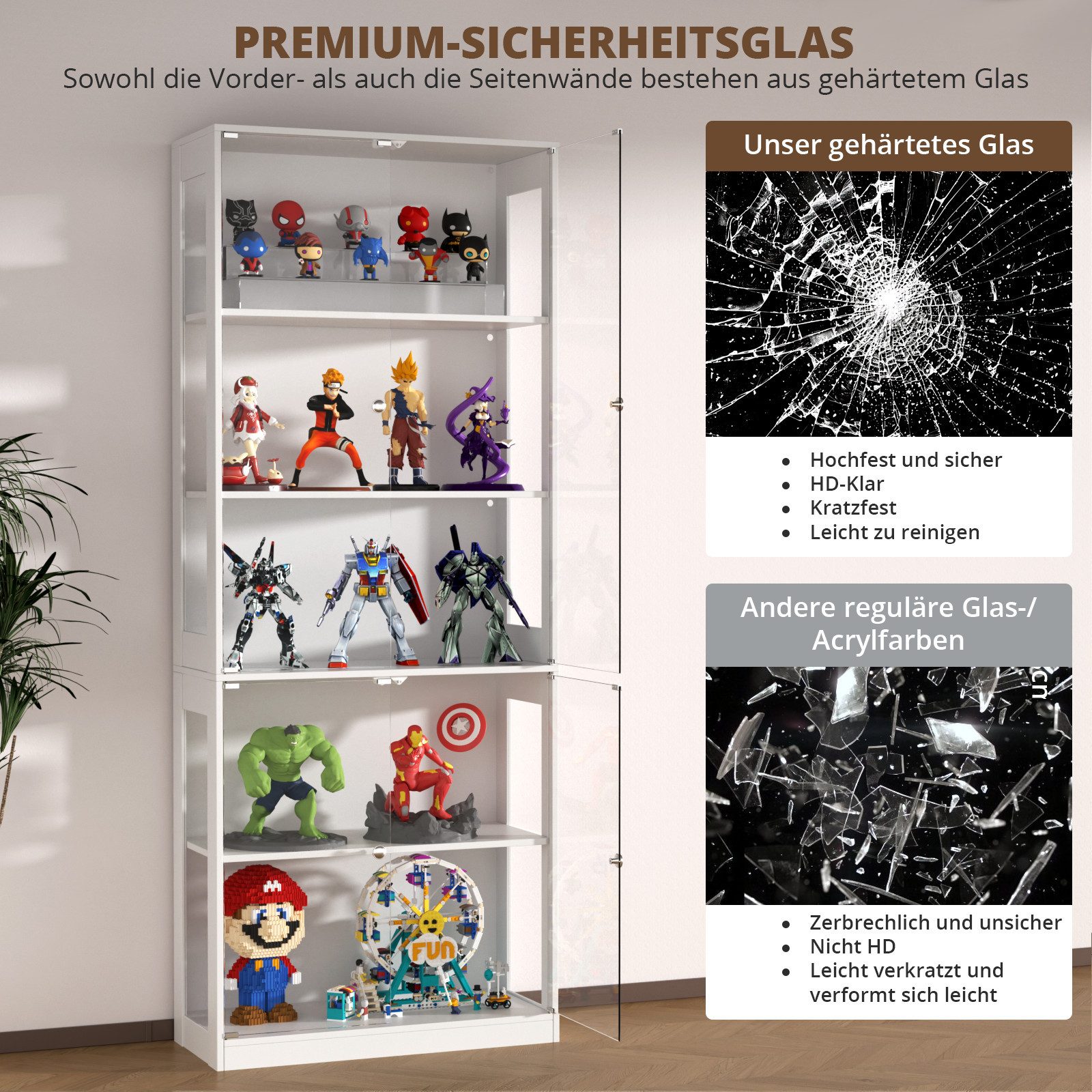 VOWNER Glasvitrine mit 3-Farben-LED - Bewegungssensor (1-St) 5 übereinanderliegende Regale, 80x204x35 cm