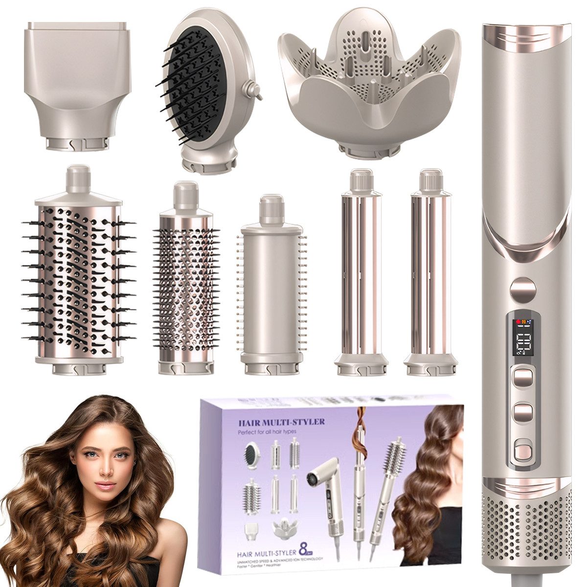 MOPUEA Multihaarstyler Multihaarstyler Haarstyler 8-in-1 Haarstyler und Föhn Europäische Norm, mit LCD-Anzeige zusammenklappbare Griff und Überhitzungsschutz