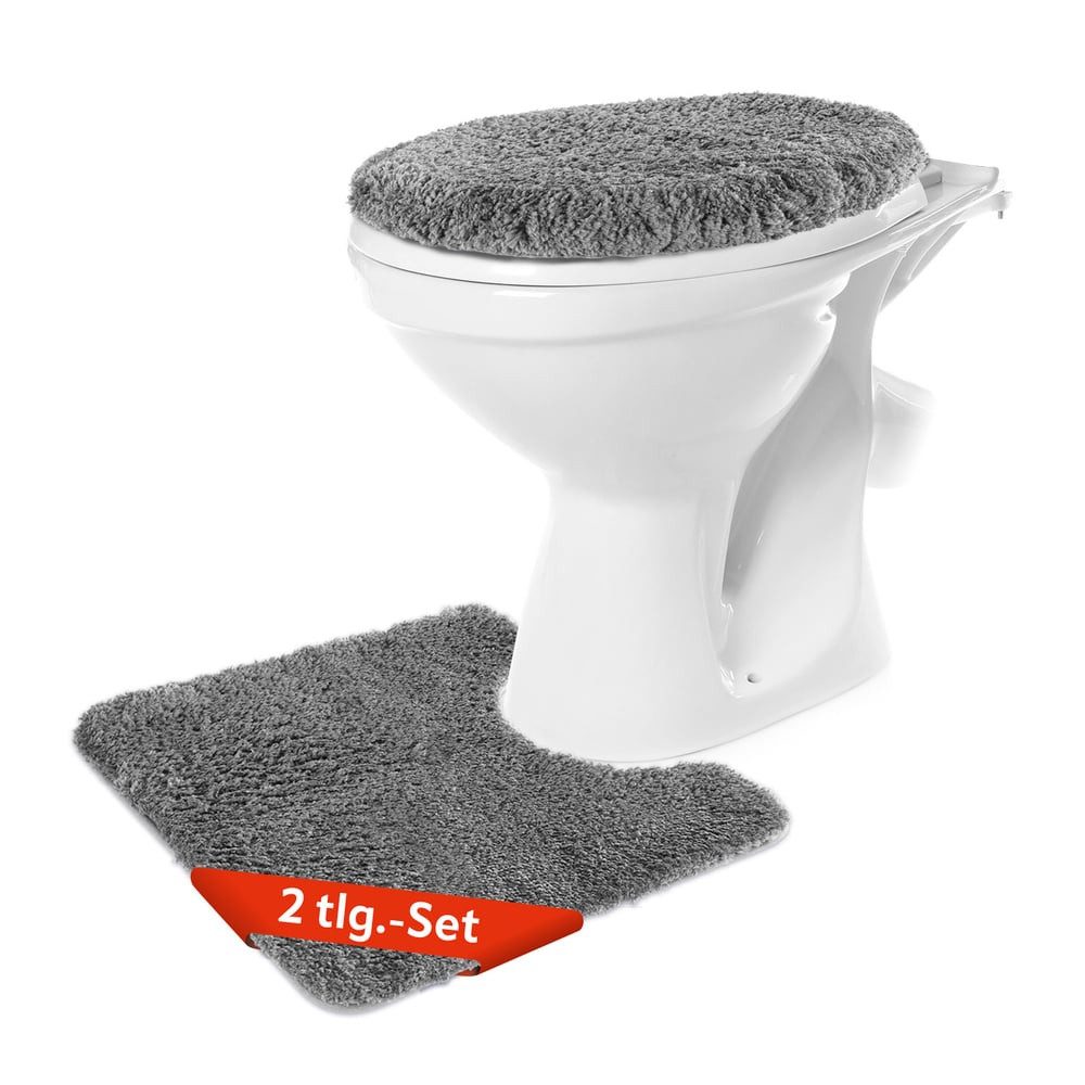 Benkstein Badematte Set 2-teilig, rutschfest, pflegeleicht, maschinenwaschba, WC Vorleger + WC-Deckelbezug, Polyester 1700gr/m2/TPR, Badvorleger und WC Teppich mit weichem Toilet Seat Cover pflegeleicht