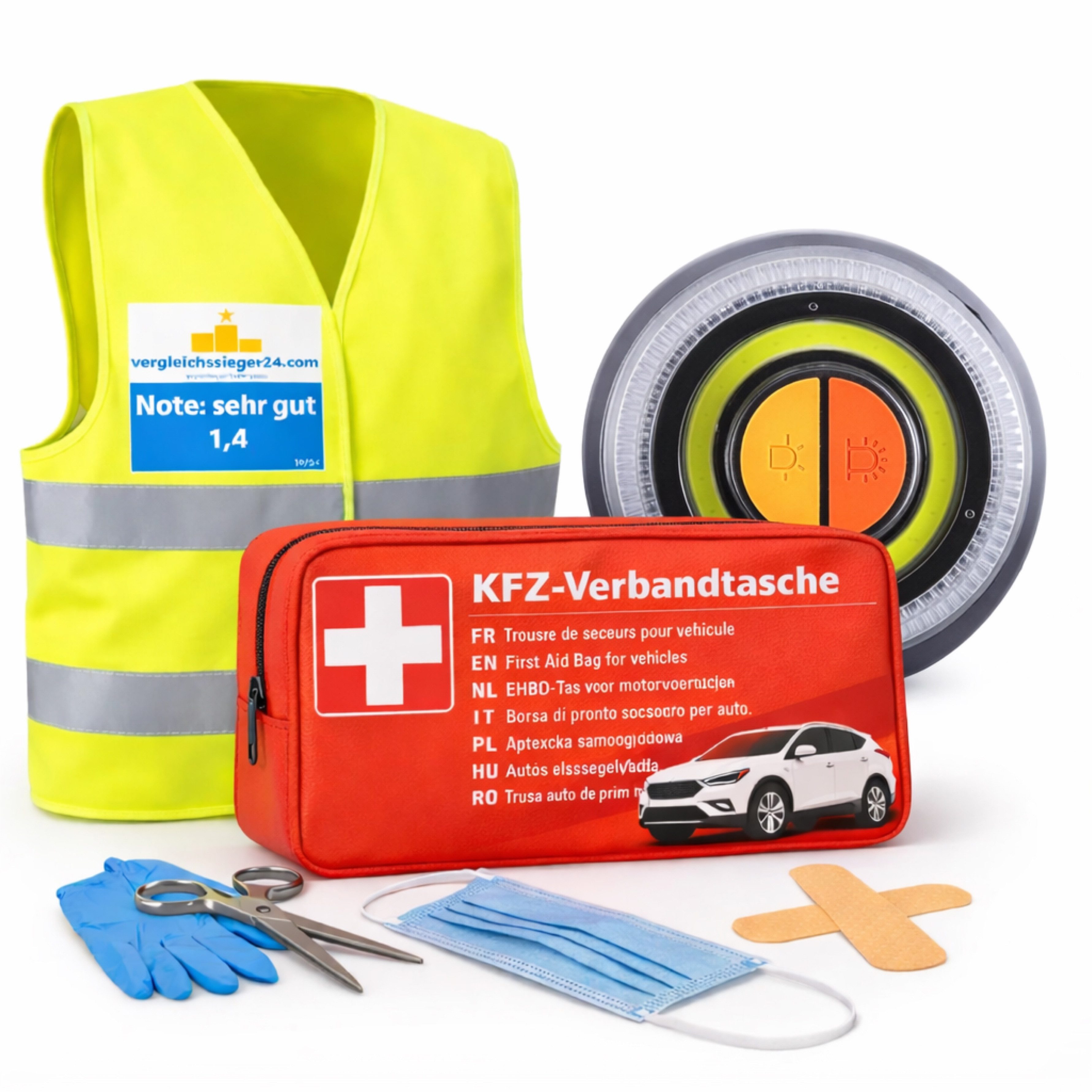 autogadget® Erste-Hilfe-Set 3 in 1 Set - Warnleuchte V16 IDIADA - Warnweste & Verbandskasten, (Set, 1 St)