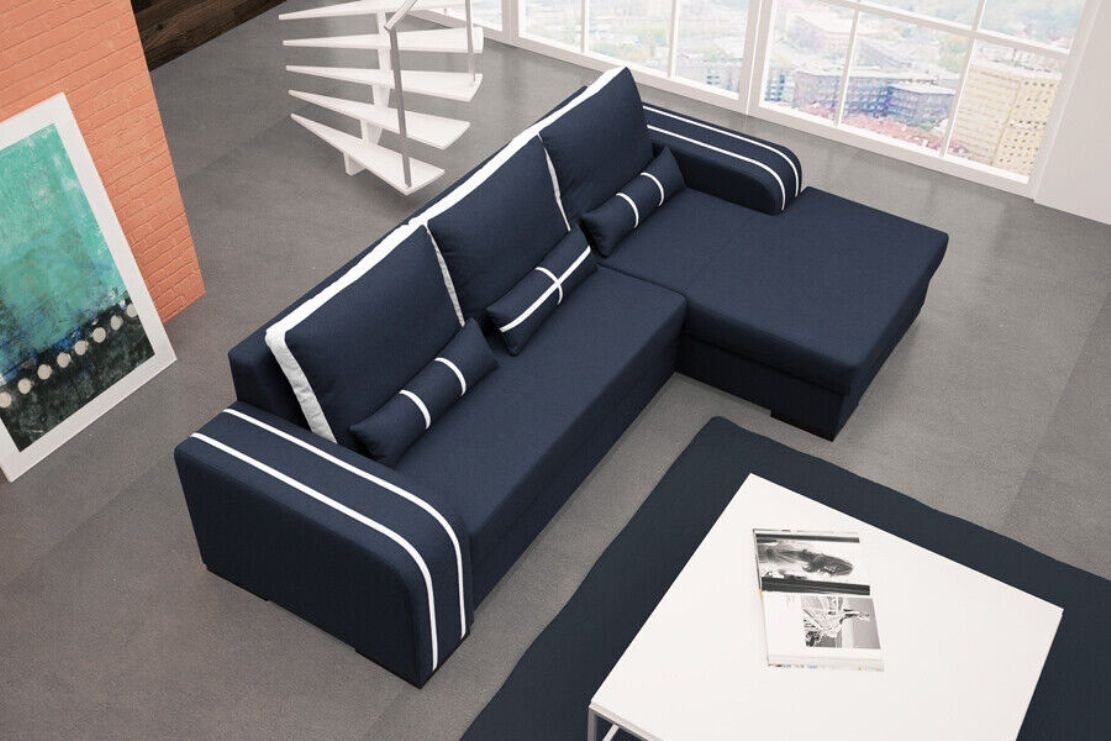 JVmoebel Ecksofa, Sofa Schlafsofa Designer Sofa Blau/Weiß Bettfunktion + Bettkasten mit