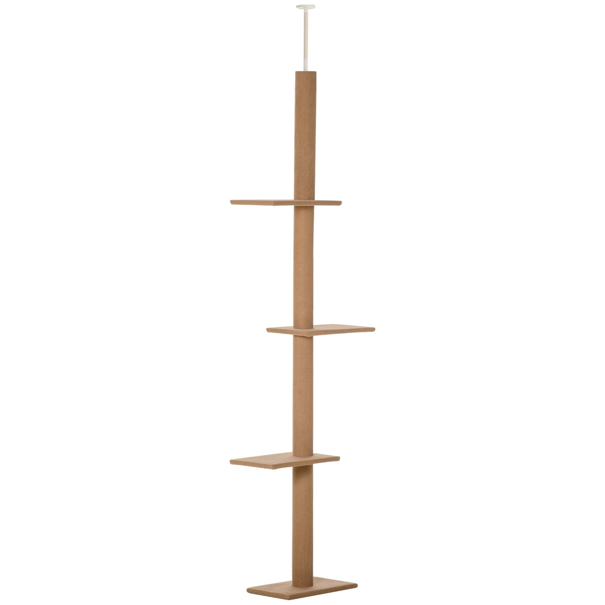 PawHut Kratzbaum Deckenhoch, Höhenverstellbarer Katzenbaum mit 3 Ebenen, Hellbraun, 43L x 27B x 228-260H cm