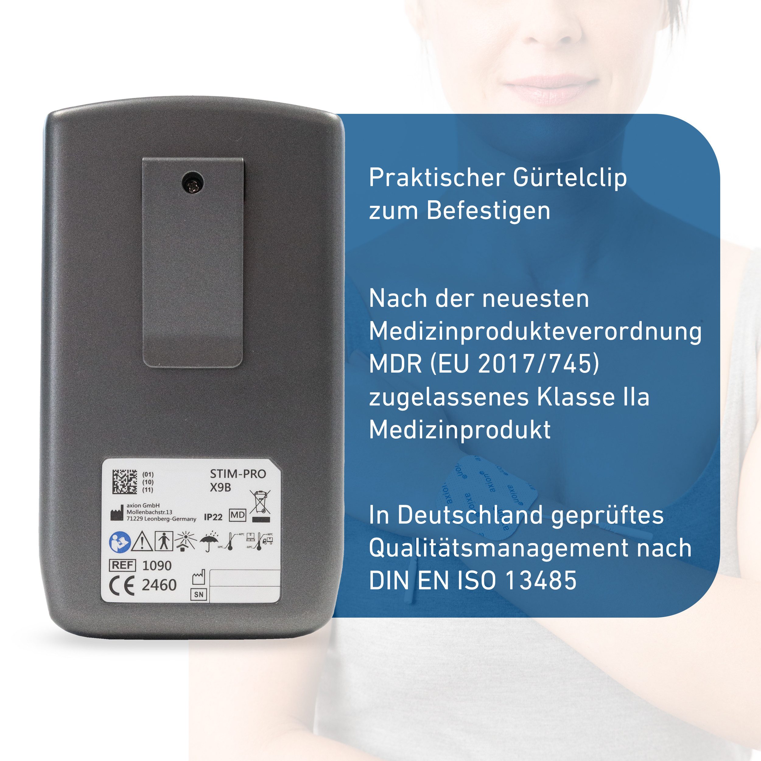 Axion TENS-EMS-Gerät STIM-PRO X9B 4-Kanäle zur Schmerztherapie, Muskelaufbau, Medizinprodukt nach MDR (EU) 2017/745