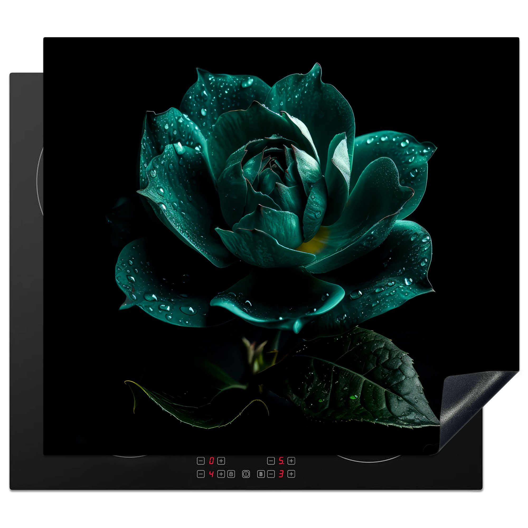 MuchoWow Herd-Abdeckplatte Blumen - Rosen - Blau - Porträt - Schwarz, Vinyl, (1 tlg), Ceranfeldabdeckung Küche, Herdabdeckplatte Einteilig, 60x52 cm