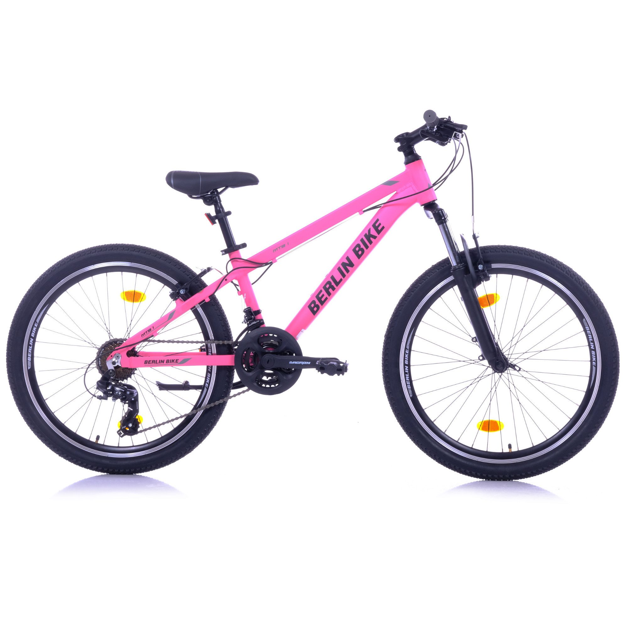 BERLIN BIKE 24-inch Mountain Bike with Aluminum Frame – Pink, 21-speed Shimano RD-TY300/TY500 derailleur, (Aluminum frame & V-brakes – lightweight, stable, safe, with complete tool kit), with 24" x 2.10" pneumatic tires, ideal for off-road and everyday use