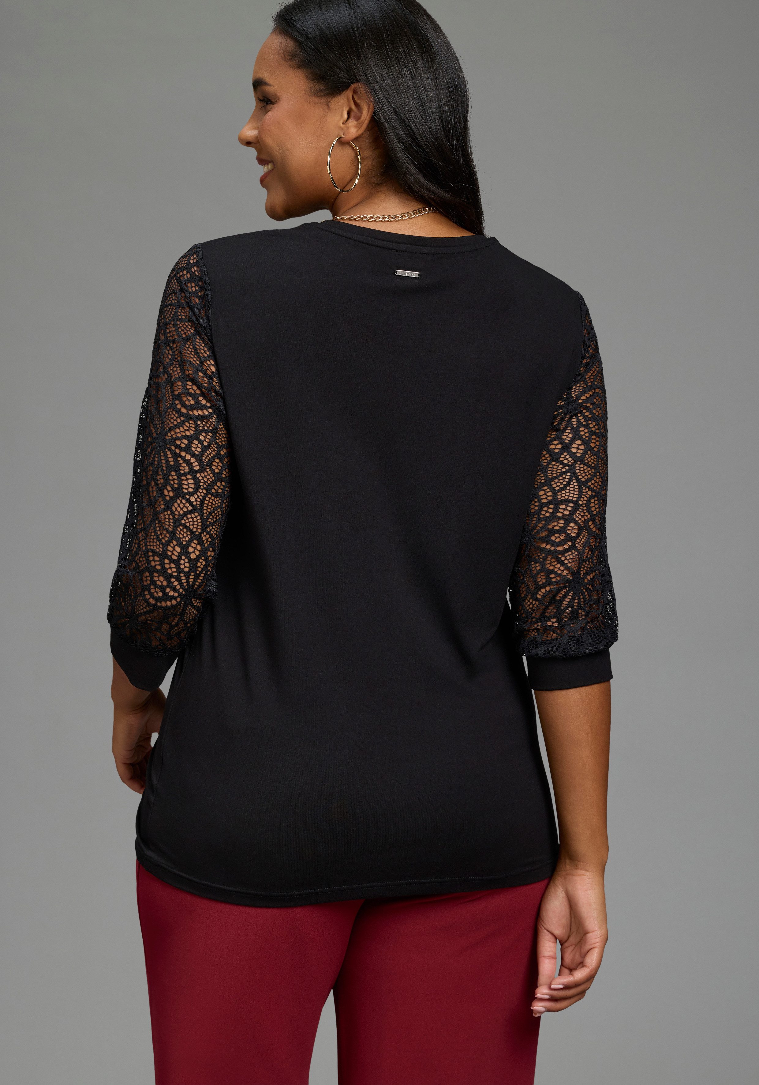 Laura Scott CURVE Spitzenshirt Große Größen figurbetonte Passform, mit Puffärmeln, 3/4-Ärmel, Rundhalsausschnitt