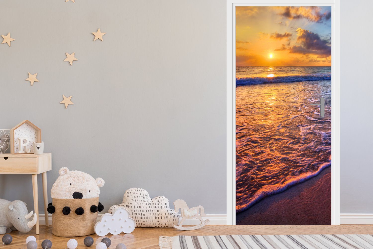 cm bedruckt, Fototapete für Sonnenuntergang Horizont, - St), - Meer Tür, (1 Wolken MuchoWow - - Matt, Türtapete Strand Türaufkleber, 75x205