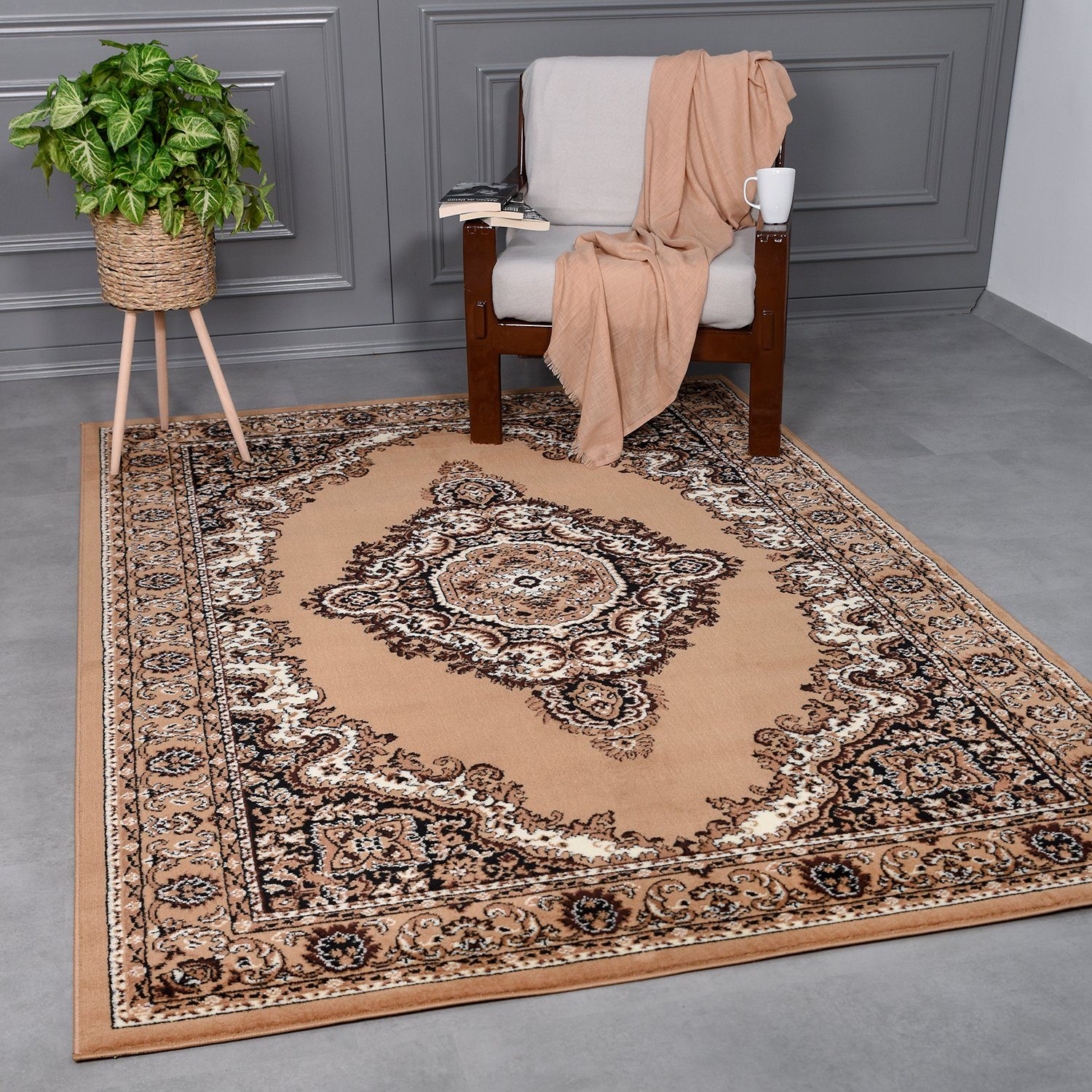 Orientteppich Kurzflor Teppich, Vimoda, rechteckig, Höhe: 8 mm, mit Kunstvollem, Beige, Klassisch, mit Bordüre, Wohnzimmer