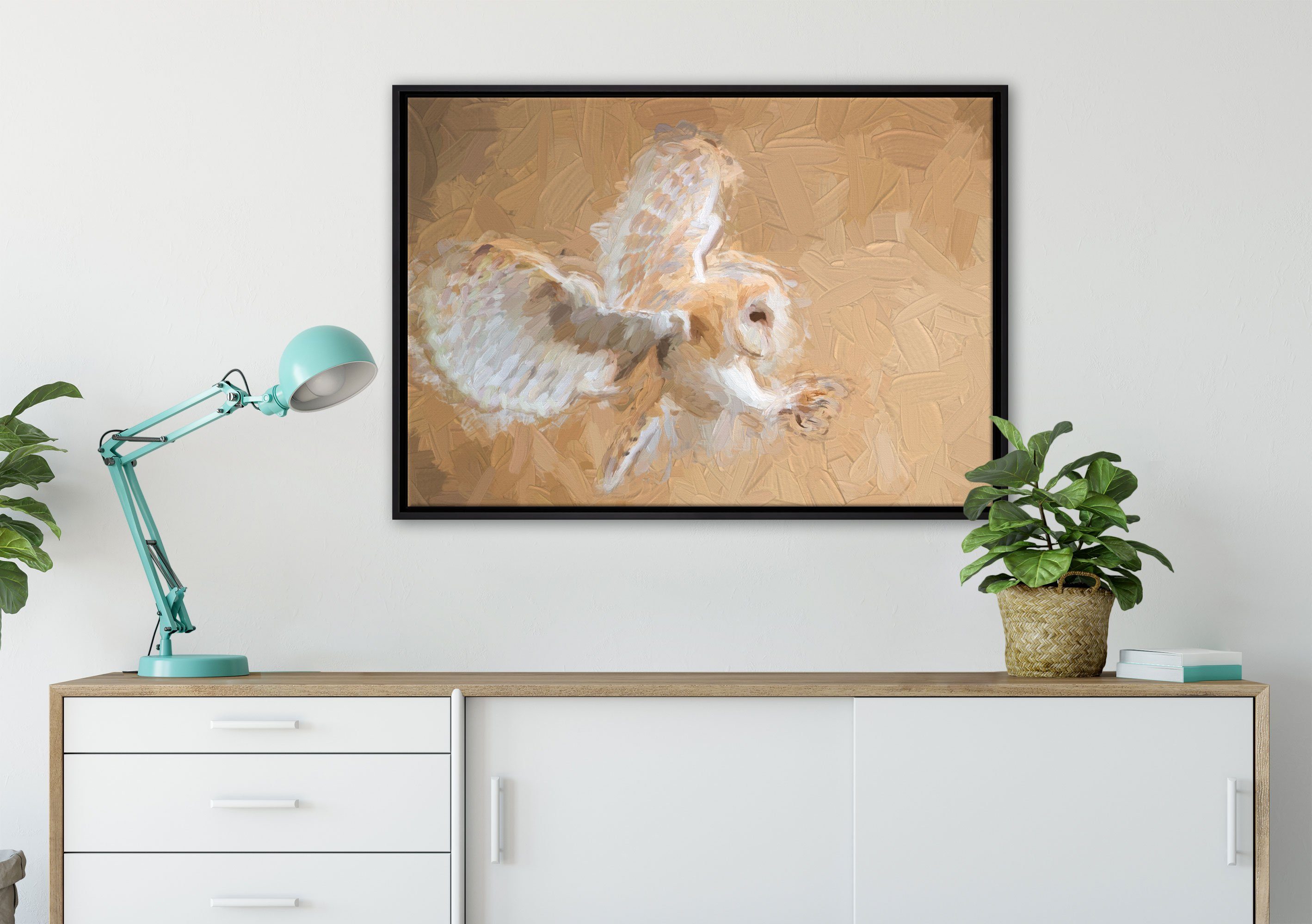 Pixxprint Leinwandbild Fliegende Eule bei der Jagd, Wanddekoration (1 St), Leinwandbild fertig bespannt, in einem Schattenfugen-Bilderrahmen gefasst, inkl. Zackenaufhänger
