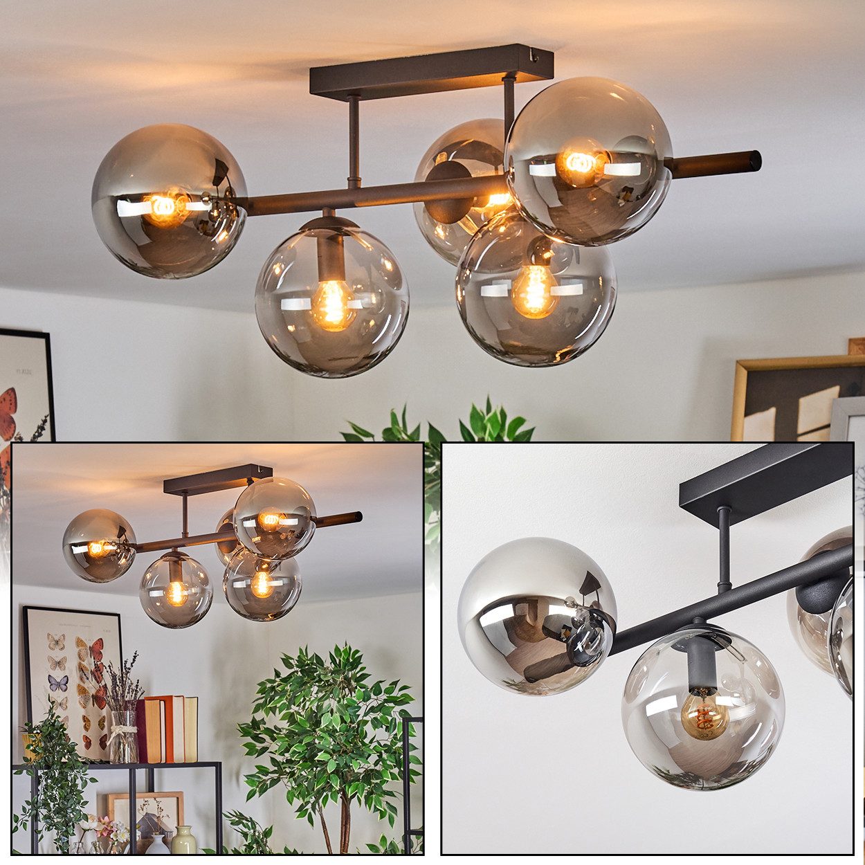Deckenleuchte Deckenlampe aus Metall/Glas in Schwarz/Rauchfarben