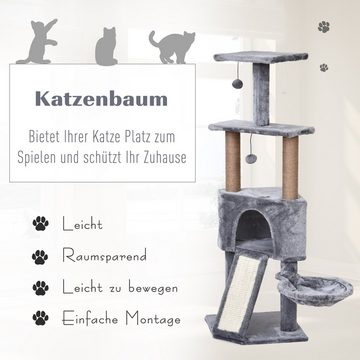 PawHut Kratzbaum mit Haus, 2 Plattformen, 5 Kratzstämme, Leiter, Liege, Plüsch, Grau, 40L x 40B x 124H cm