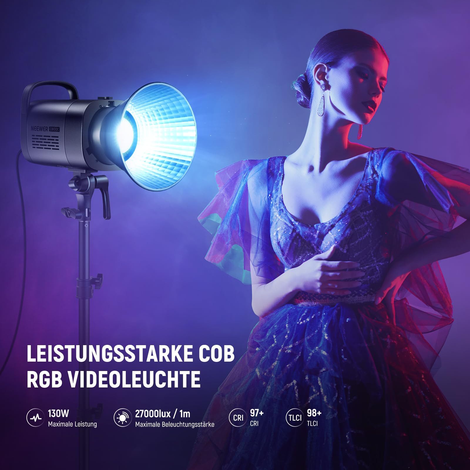 Neewer Videoleuchte CB100C 130w RGB LED Videoleuchte,COB Dauerlicht mit APP/2,4G Steuerung, Energie Effizienz Label: G-Dimmbarfunktion