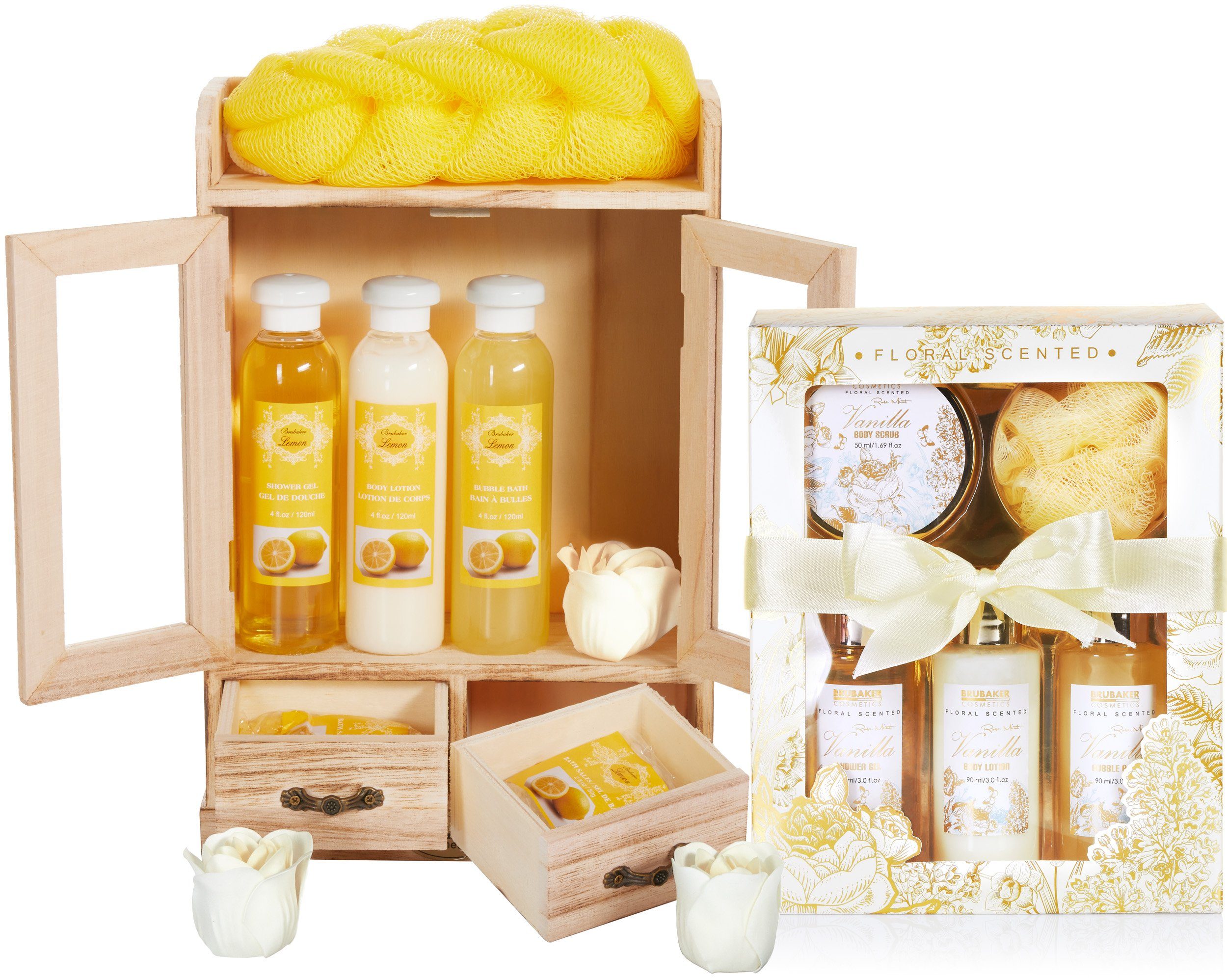 BRUBAKER Pflege-Geschenkset 2 in 1 Pflegeset Lemon & Vanilla Rose Minze - Wellness Set, 15-tlg., Damen Dusch- und Badeset - Frauen Beauty Geschenkset mit Dekoration