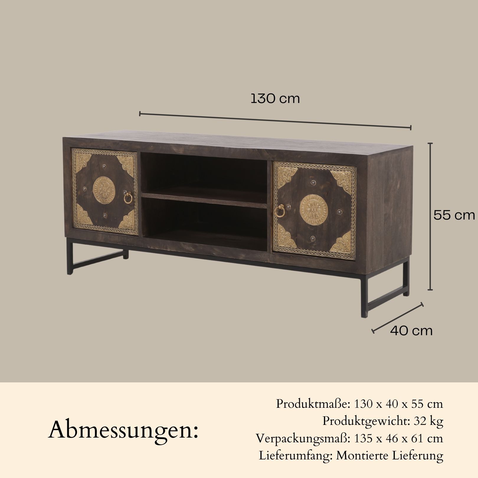 Marrakesch Orient & Mediterran Interior Lowboard Orientalisches TV-Lowboard Adaja edel aus Massivholz & Messing 130 cm (1 St), Handarbeit