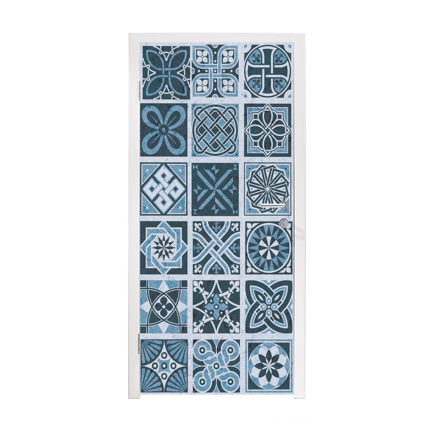 MuchoWow Türtapete Blumen - Blau - Muster - Figuren, Matt, bedruckt, (1 St), Fototapete für Tür, Türaufkleber, 75x205 cm