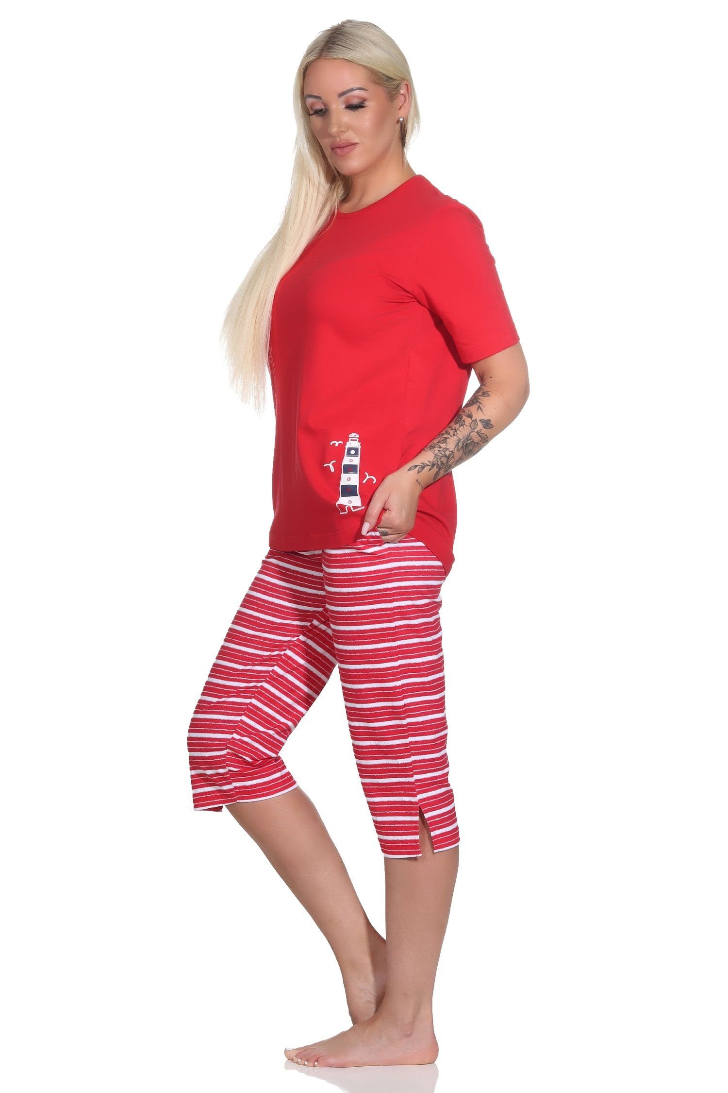 Normann Pyjama Maritimer Damen kurzarm als Capri Motiv Leuchtturm mit Schlafanzug rot