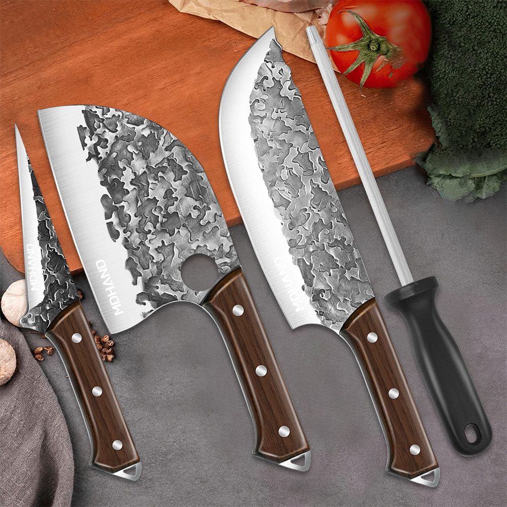 MDHAND Messer-Set Handgeschmiedetes 4-teiliges Kochmesser Set aus Edelstahl (4-tlg), ideal für BBQ, Outdoor & Camping als Geschenk