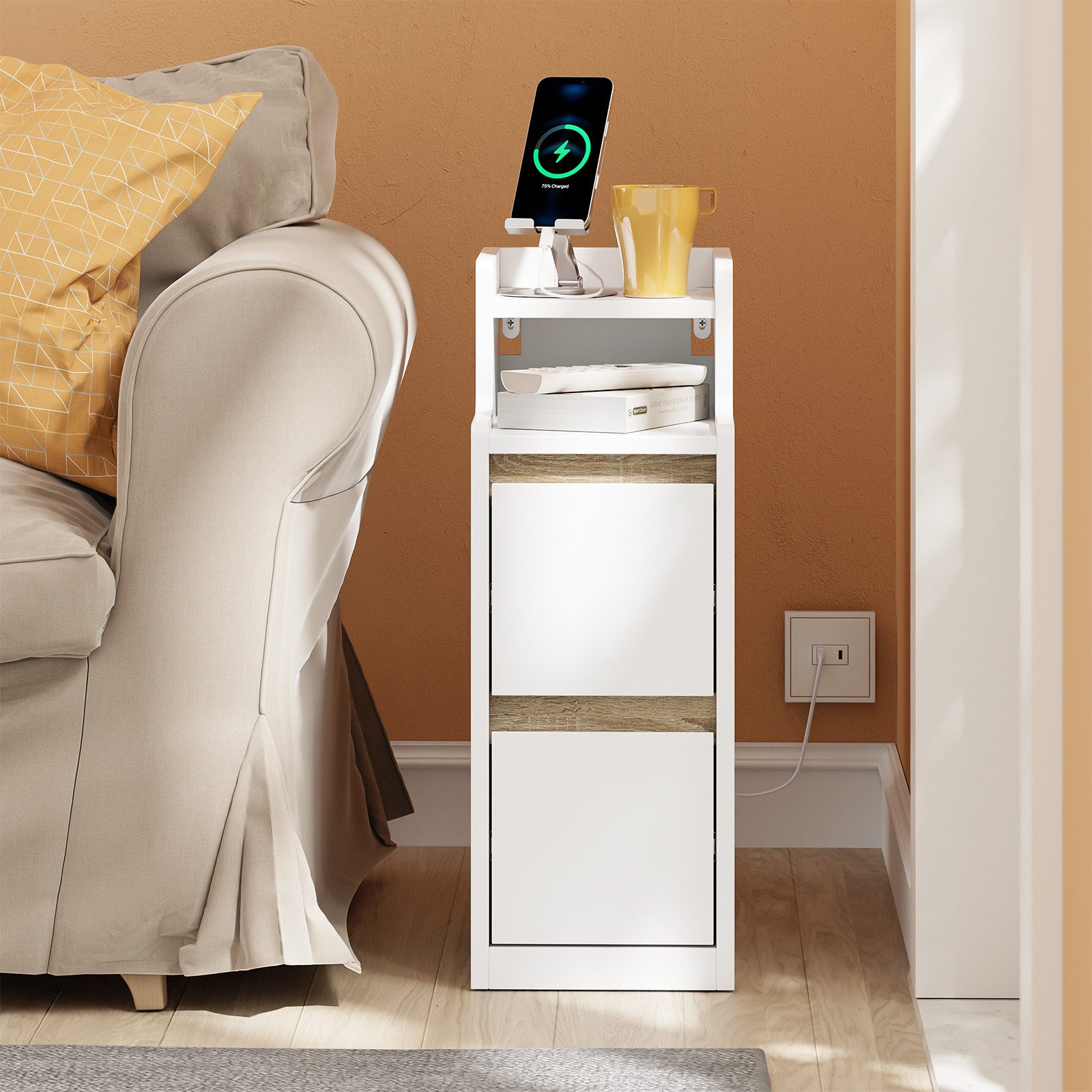 SoBuy Nachttisch FBT178-E, Beistelltisch schmal mit Ladefunktion und LED-Touch-Lampe (1 Tisch), Nachttisch mit USB & Type-C, dimmbare LED-Leiste 1,8 m USB Kabel