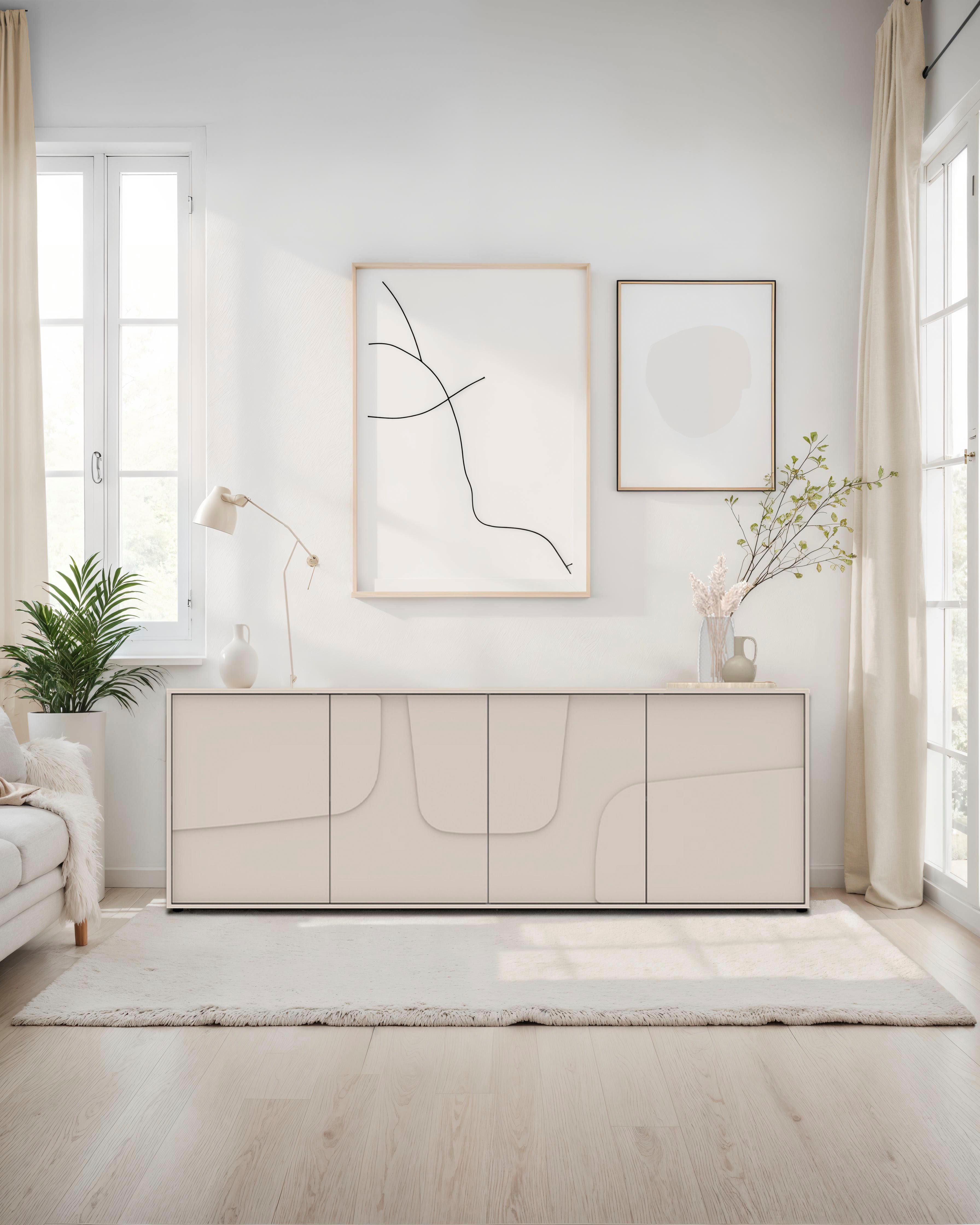 OTTO home Sideboard Stone, 205 cm breit, 4 Türen, Anrichte, Kommode, Stauraumschrank, 3D-Design, Push-to-open, Innenraum großzügig, Füße 14/2 cm wählbar