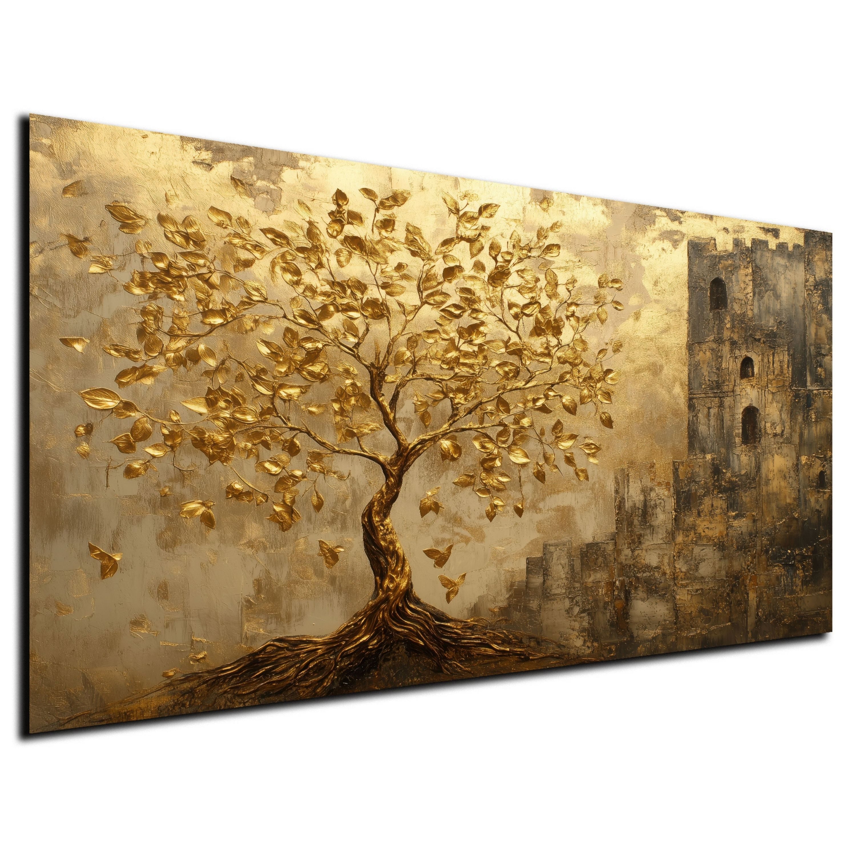 DARO Design Leinwandbild Modern Abstrakt Wandbilder XXL Wandbild Wand Deko Leinwand Bilder, (Baum goldene Blätter- Bild groß Wohnzimmer Schlafzimmer Küche Esszimmer Einteilig Querformat Fotodruck Leinwände Wanddeko Abstrakte Kunst Boho), 30x20cm
