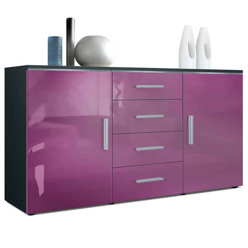 Vladon Sideboard Faro (Kommode, mit 2 Türen und 4 Schubladen), Schwarz matt/Brombeer Hochglanz (139 x 72 x 35)