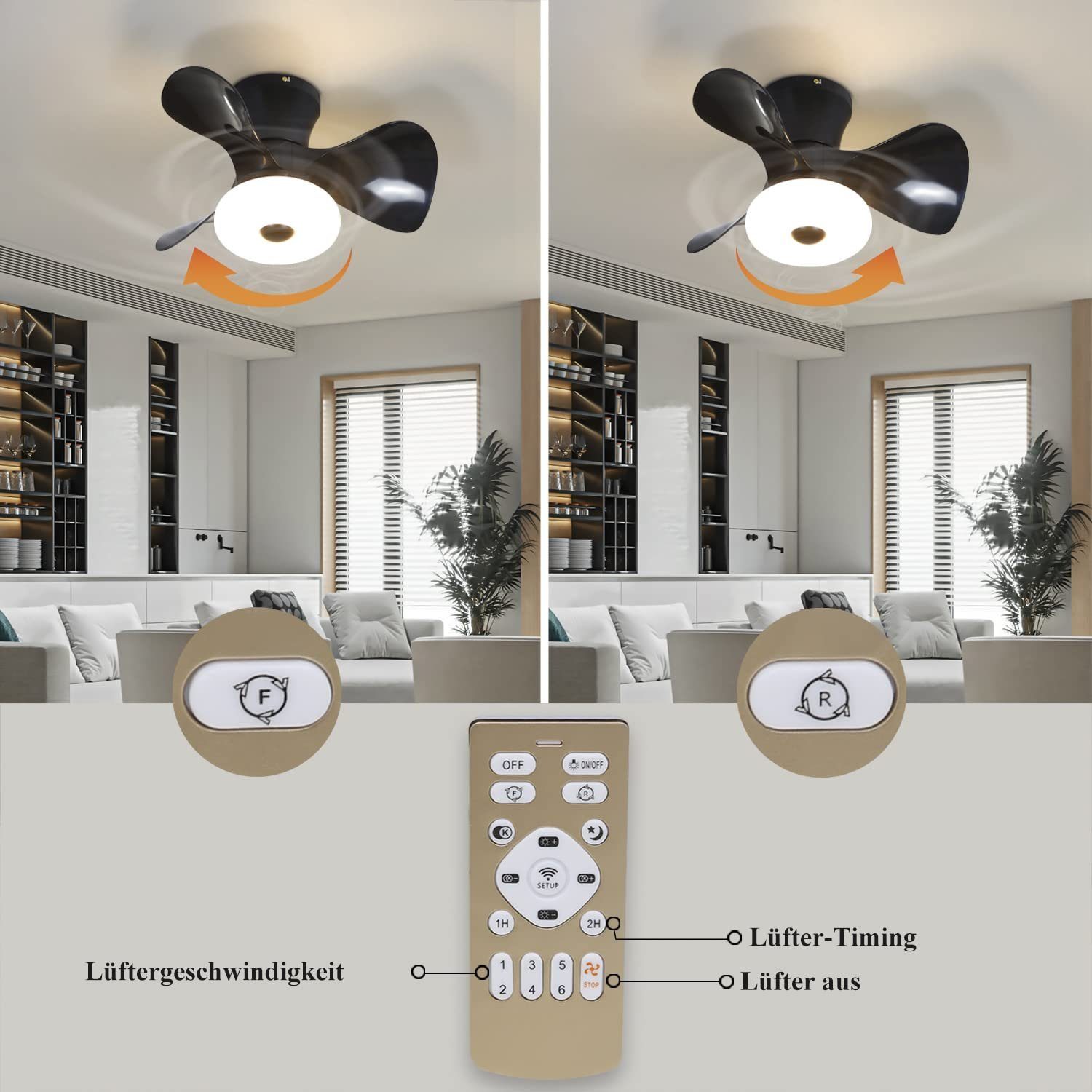 ZMH Deckenventilator Beleuchtung Modern Ventilator, Schwarz Fan Timer Leise Fernbedienung
