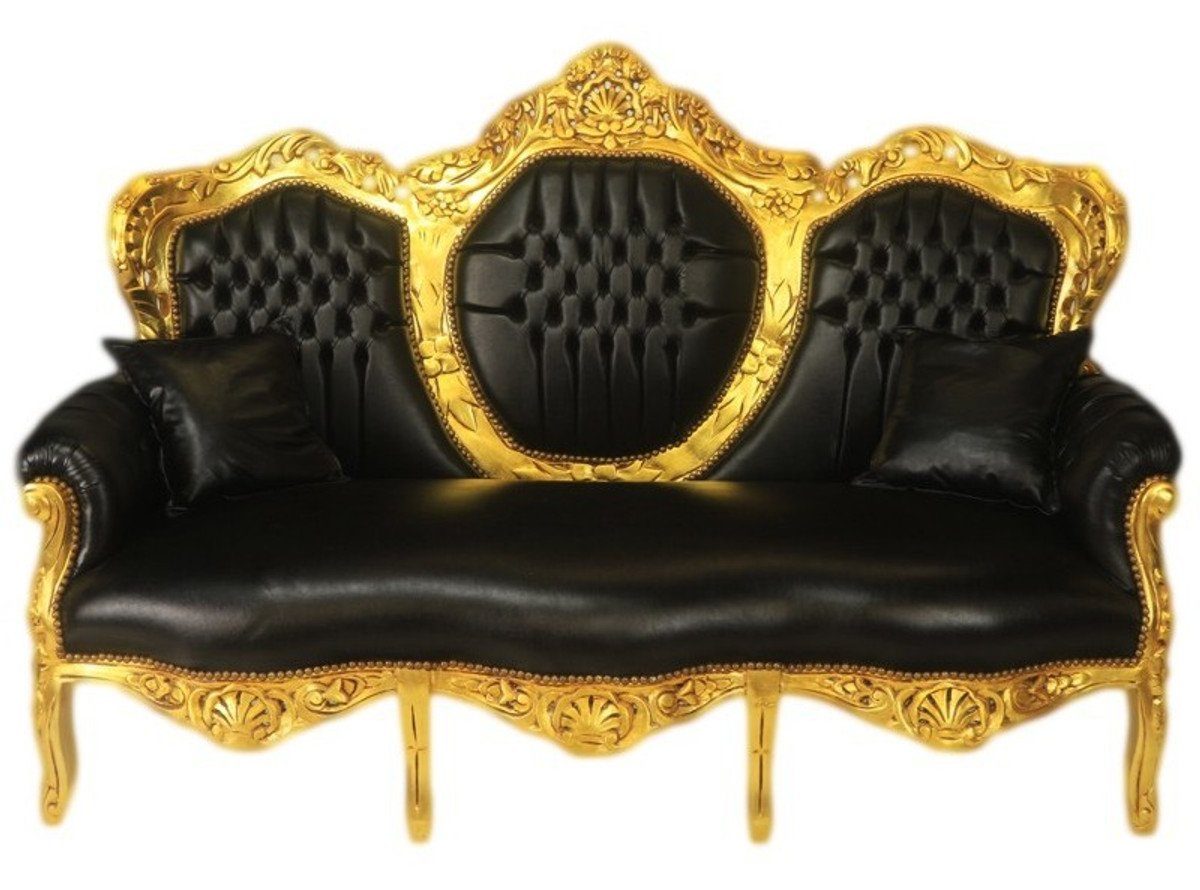 Casa Padrino 3-Sitzer Barock 3er Sofa King Schwarz Lederoptik / Gold - Wohnzimmer Couch Möbel Lounge