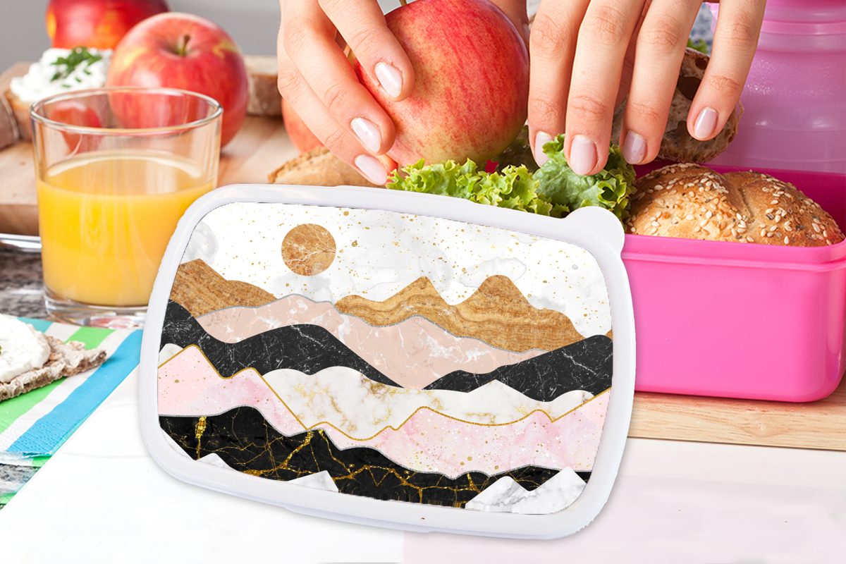 MuchoWow Lunchbox Kunststoff, Brotdose Pastell, (2-tlg), Brotbox Kinder, Snackbox, - Kunststoff für Erwachsene, Marmor rosa - Mädchen, Gold