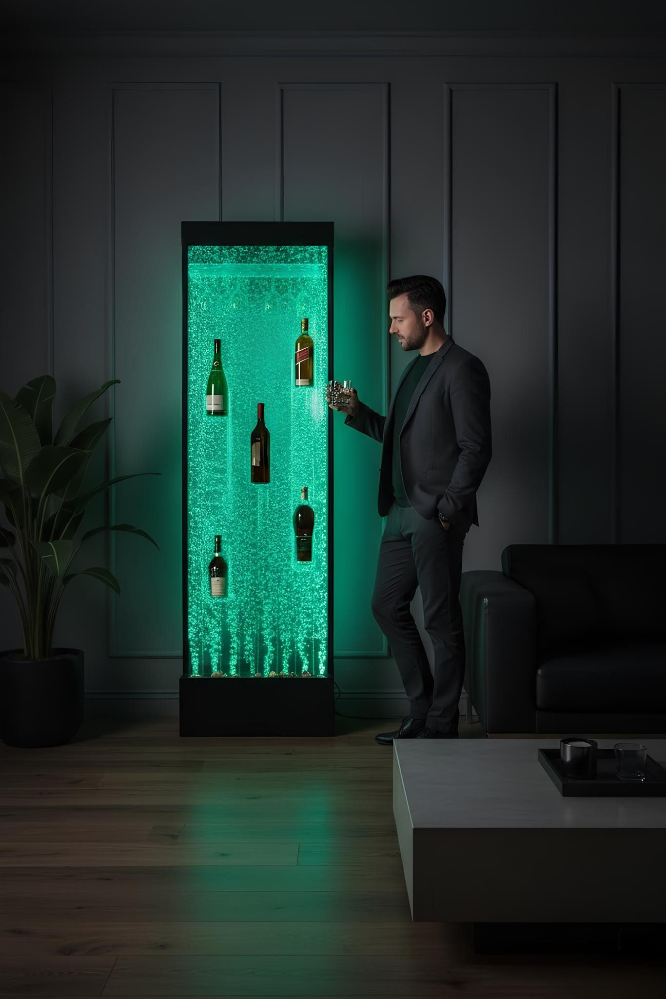 JVmoebel Zimmerbrunnen Wasser Wand Säule Water Wall Bar Regal Schrank LED Beleuchtet Sofort, (1 tlg), Made in Europa