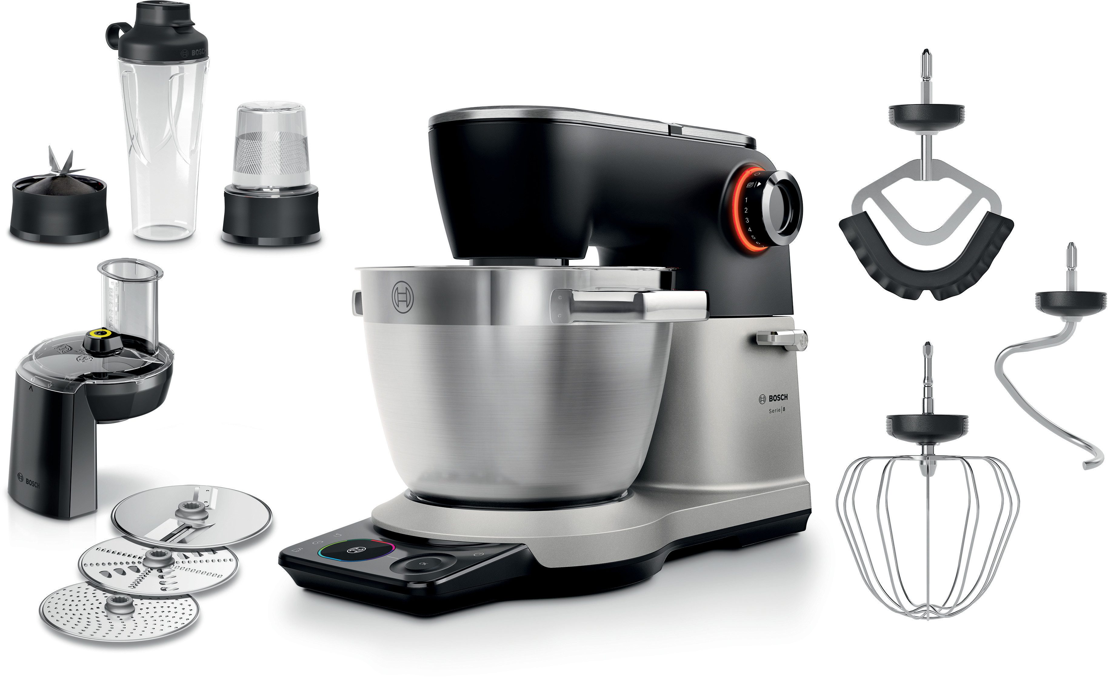 BOSCH Küchenmaschine Serie 8, MUMS8ZS22, XL 6 L Edelstahlschüssel, Waage, 1800 W, 9,6 l Schüssel, ToGo Mix-/ Trinkbecher, Timer, Vollmetallgehäuse, Durchlaufschnitzler