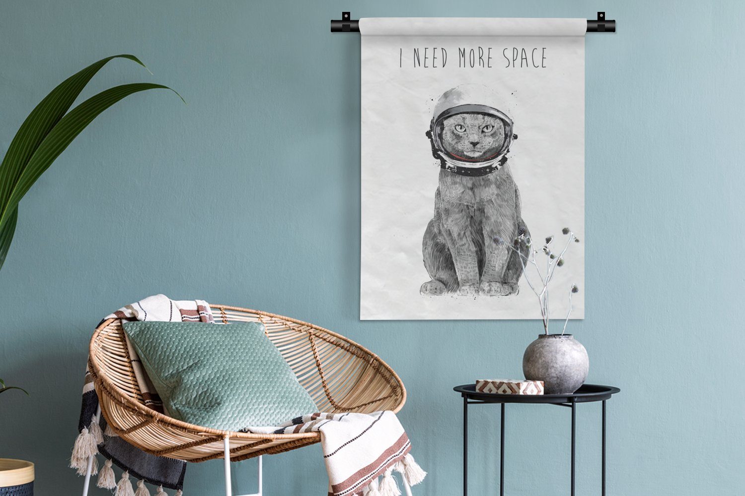 Tiere, Wanddekoobjekt - an - für Zitat Deko MuchoWow der Wohnzimmer, Tapisserie, Wand, Astronaut - Schlafzimmer Katze