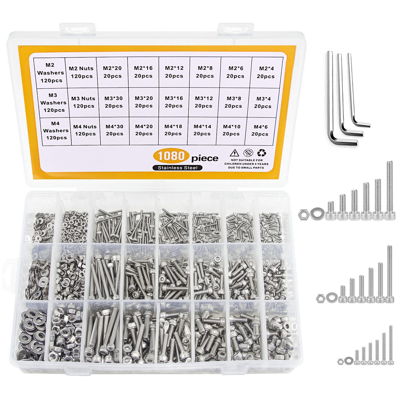 Schrauben-Set 1080 Stück M2 M3 M4 Zylinderschrauben mit Innensechskant