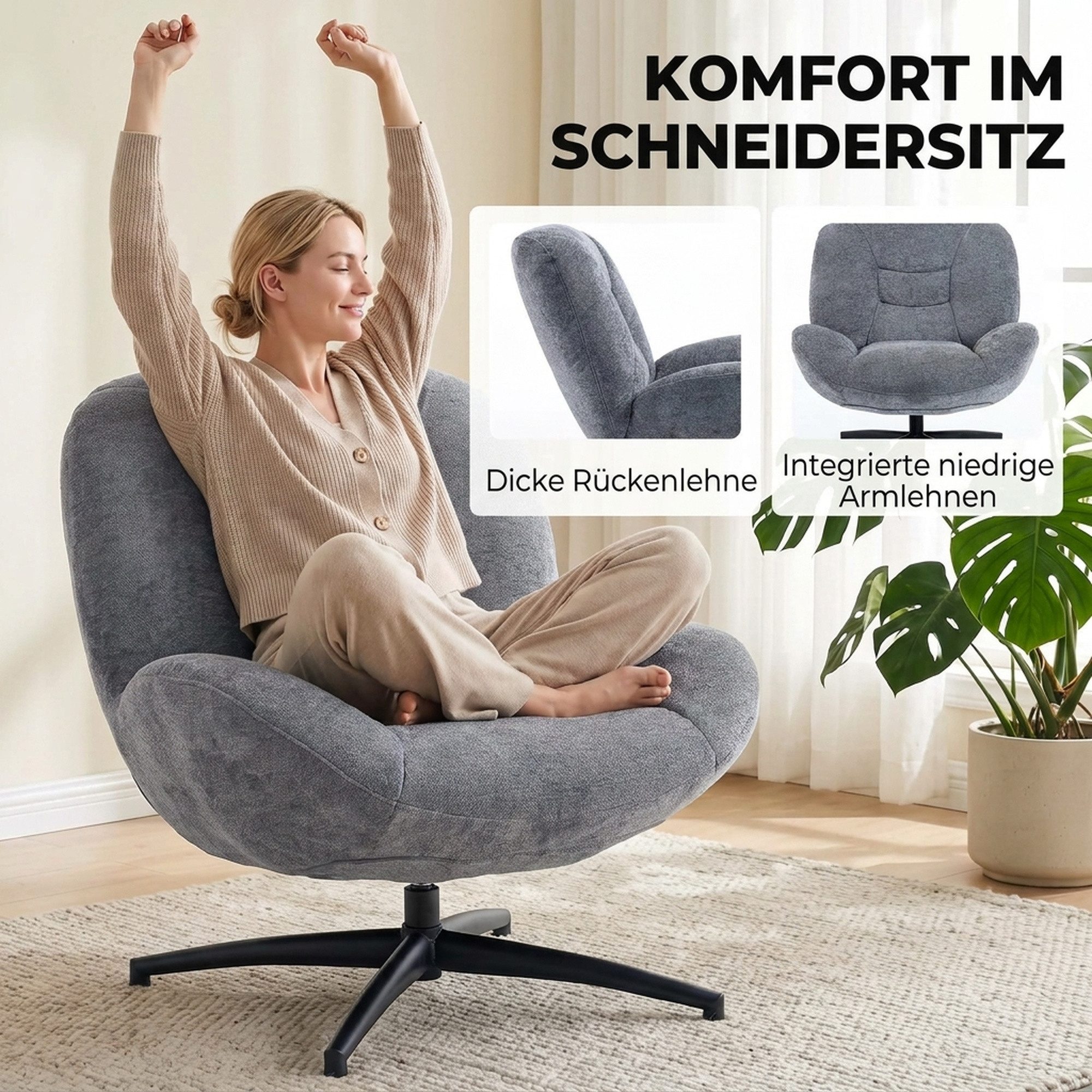 HOMCOM Relaxsessel Loungesessel mit breiter Sitzfläche, Chenille-Optik (Set, 1-St., 1), 360° Drehfunktion – Bild 4 von 5