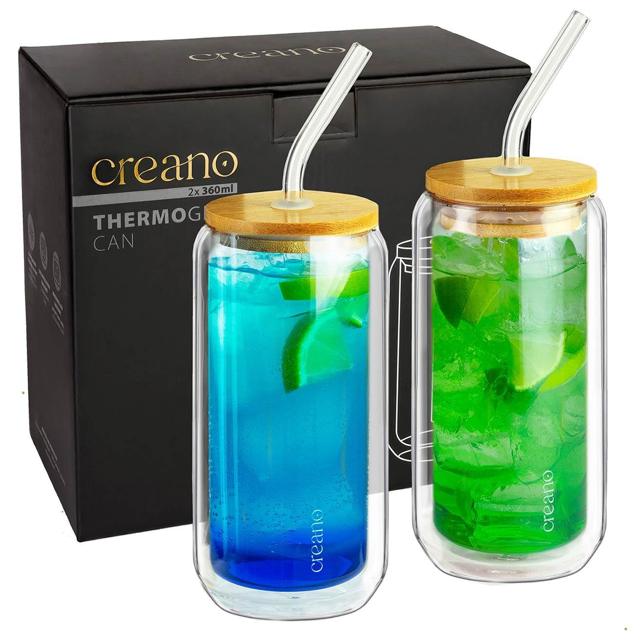 Creano Teeglas Creano doppelwandiges Trinkglas mit Deckel & Strohhalm 360ml 2er-Set, Borosilikatglas